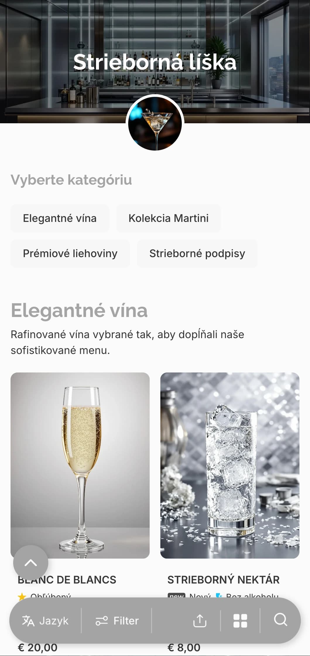 Parádny strieborno-šedý dizajn pre luxusné bary a salóniky s martini.