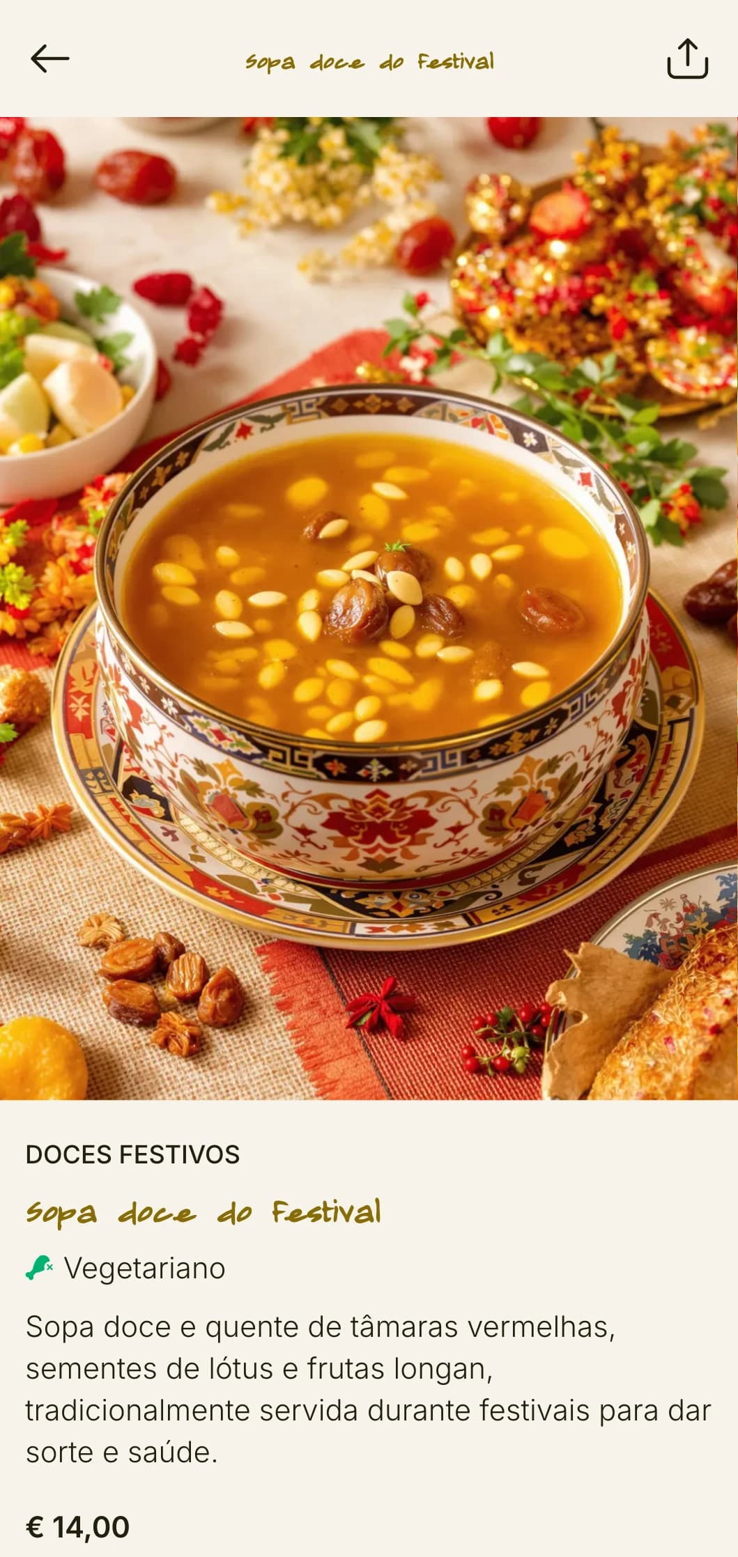 O rico design do cardápio chinês é inspirado em festivais e na estética âmbar, com tons quentes para a culinária comemorativa.