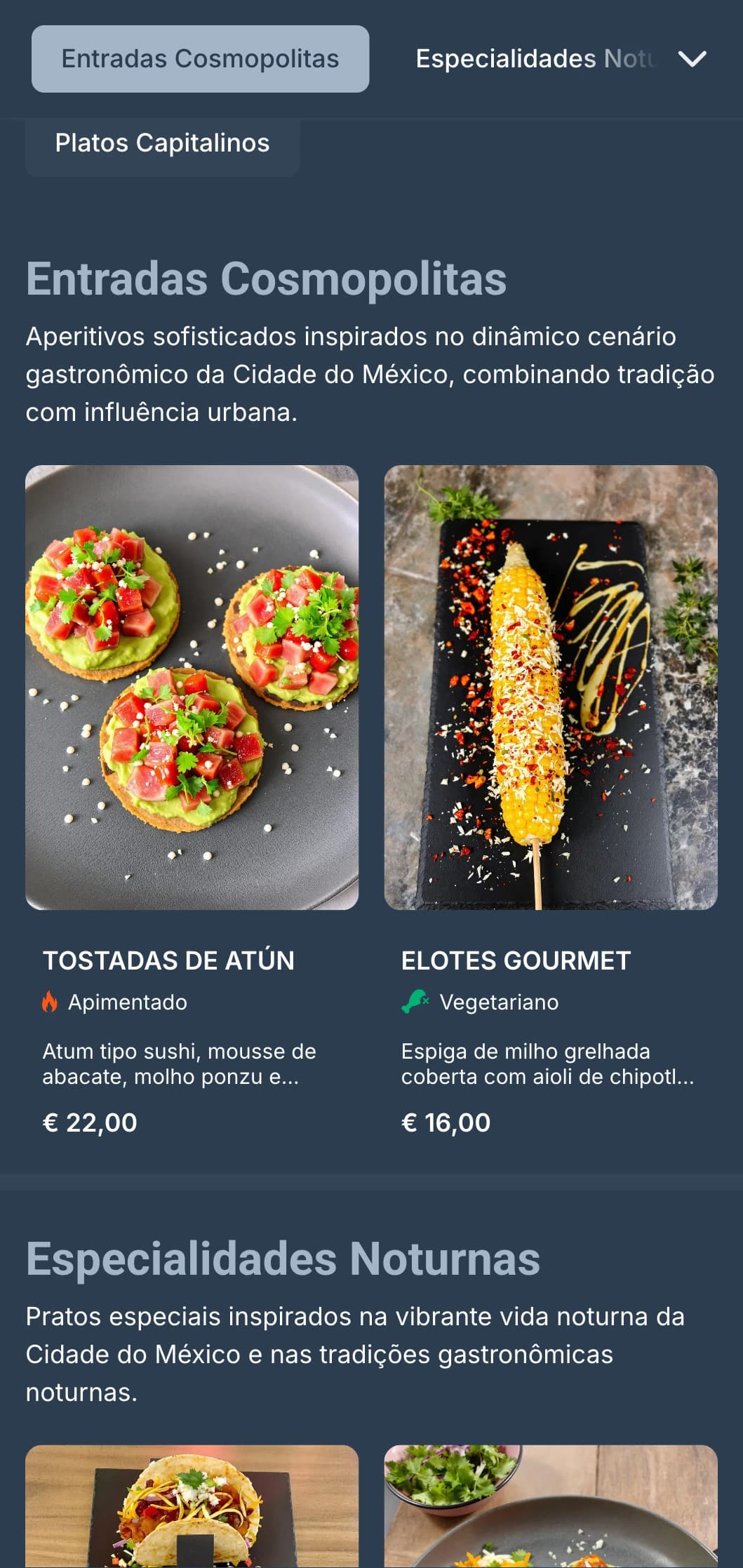 Menu mexicano cosmopolita inspirado na vibrante vida noturna da Cidade do México, com elegantes tons de cinza e azul, imagens urbanas e culinária contemporânea.