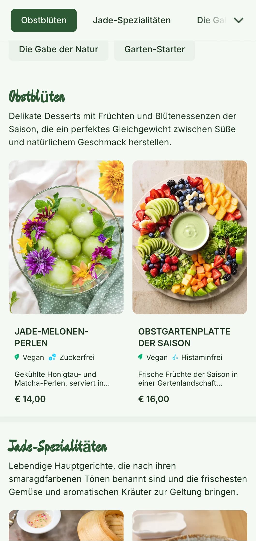 Frisches und lebendiges chinesisches Menüdesign, inspiriert von der Ästhetik des Gartens, mit Jade-Akzenten und botanischen Elementen - perfekt für die chinesische Küche von der Farm bis zum Tisch.