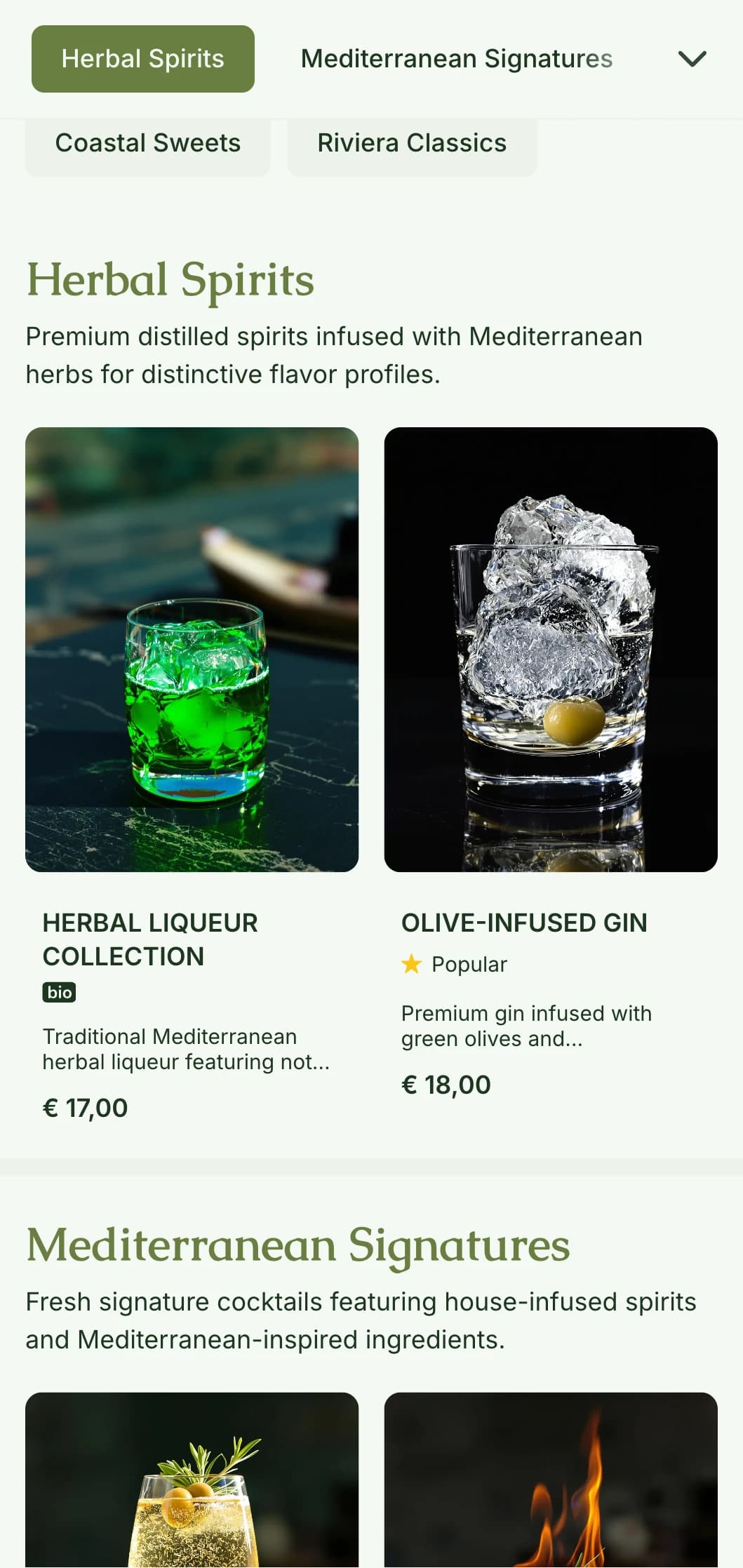 A Mediterranean-inspired design for bars specializing in herbal liqueurs and botanical cocktails featuring olive green tones.