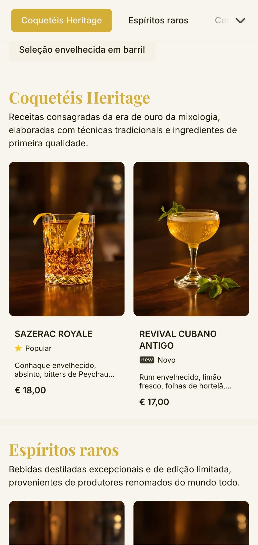 Um design clássico de menu de bar que evoca a era de ouro dos coquetéis com tipografia vintage e elegantes detalhes em dourado sobre um fundo creme.
