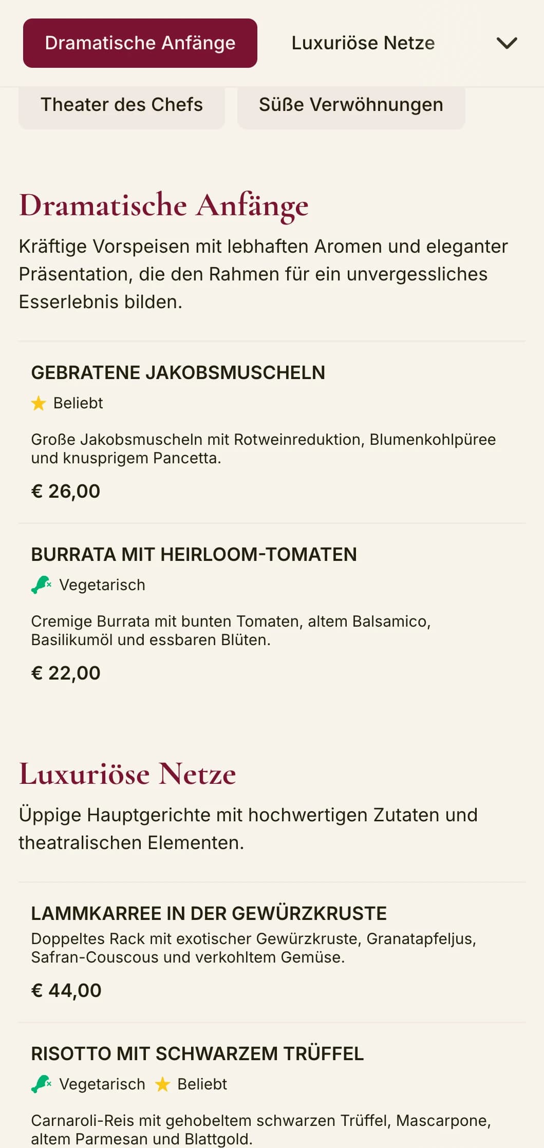 Ein kühnes und dramatisches Abendmenü mit tiefroten Tönen und luxuriösen Elementen, das für gehobene Restaurants mit theatralischem Flair konzipiert wurde.