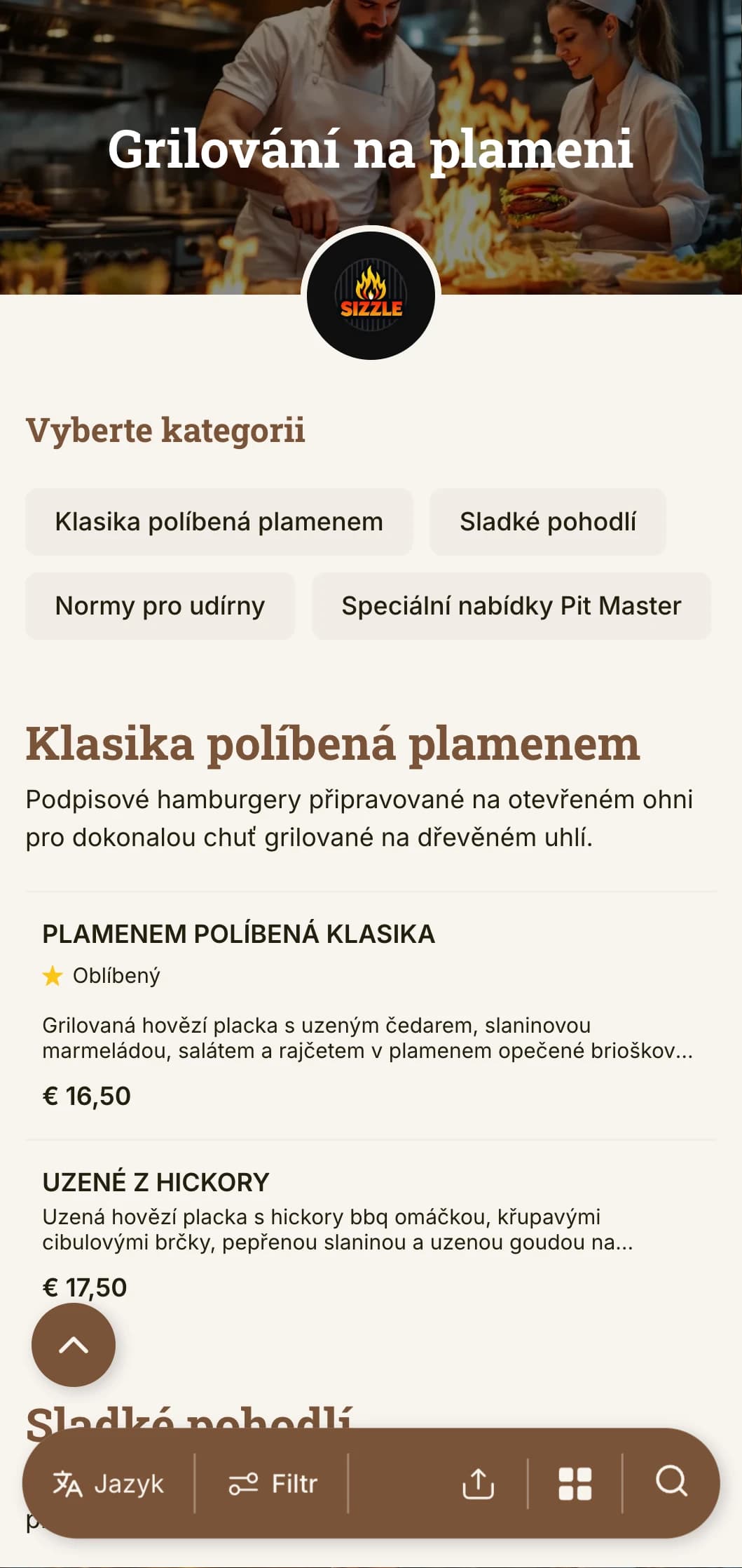 Odvážný design zaměřený na grilování s teplými tóny dřeva a akcenty plamene pro autentický zážitek z burgerů grilovaných na dřevěném uhlí.