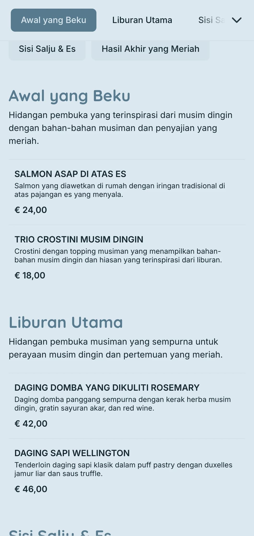 Katering bertema musim dingin yang magis dengan bahan-bahan musiman, presentasi dramatis, dan elemen nyaman untuk pesta liburan dan acara musim dingin.