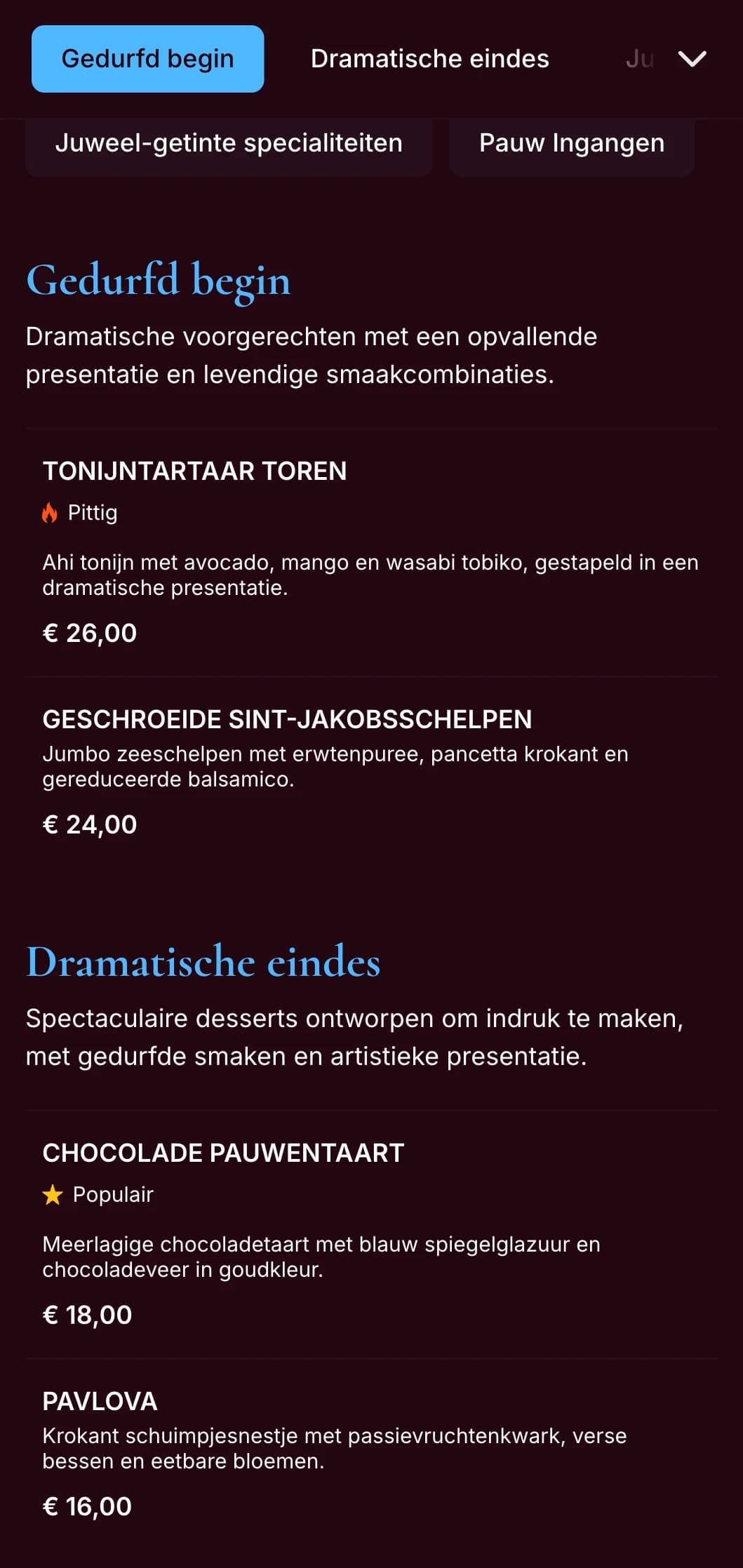 Een opvallend pauwblauw dinermenu met rijke juweeltinten en dramatische styling, ontworpen voor restaurants met een gedurfd karakter.