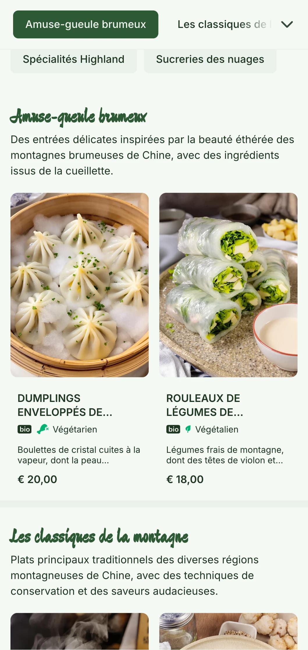 Conception de menus chinois sereins inspirés de paysages de montagne et d'une esthétique brumeuse pour des restaurants axés sur la cuisine régionale.