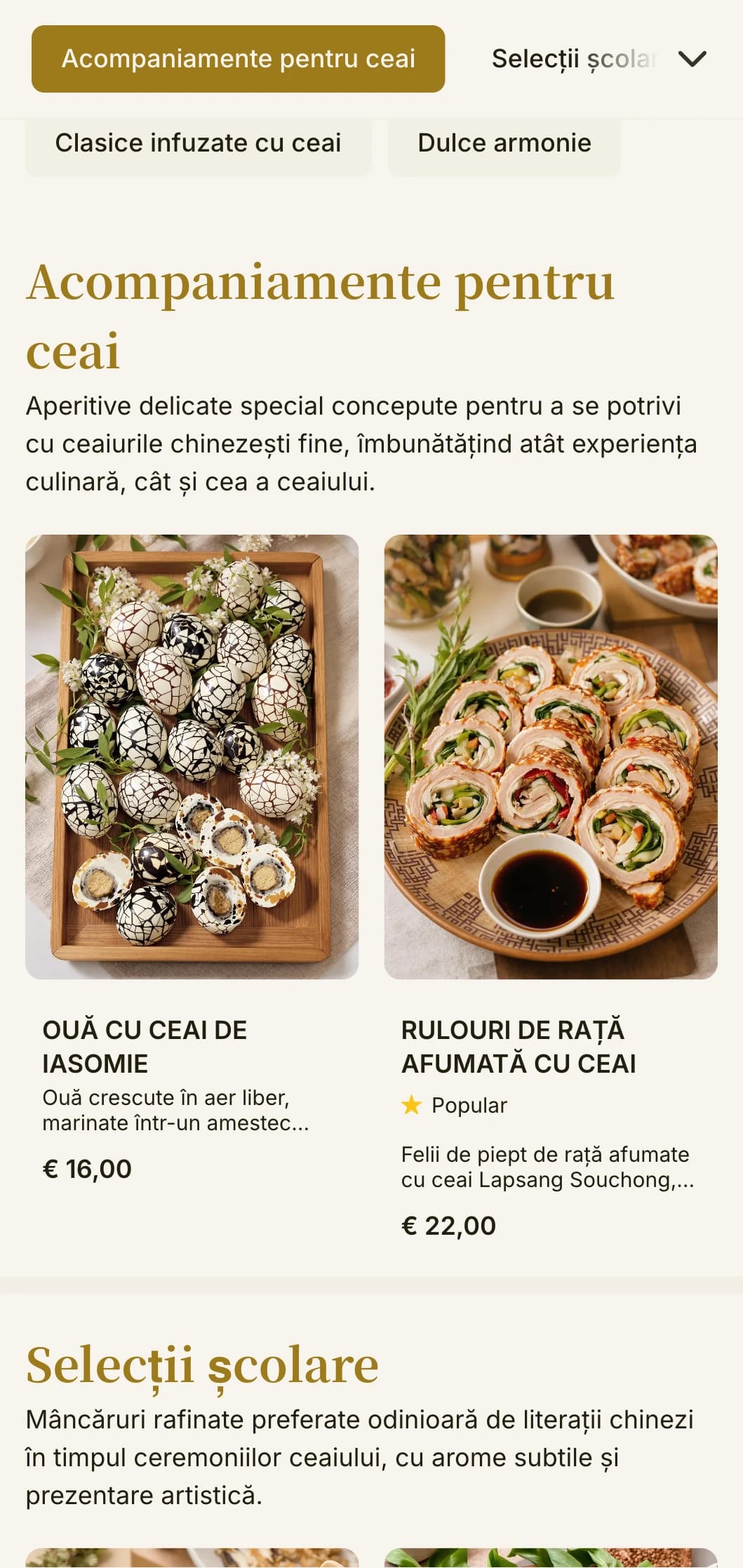Design rafinat al meniului chinezesc inspirat de ceremoniile tradiționale de ceai, cu tipografie elegantă și elemente clasice pentru asocierea ceaiurilor.