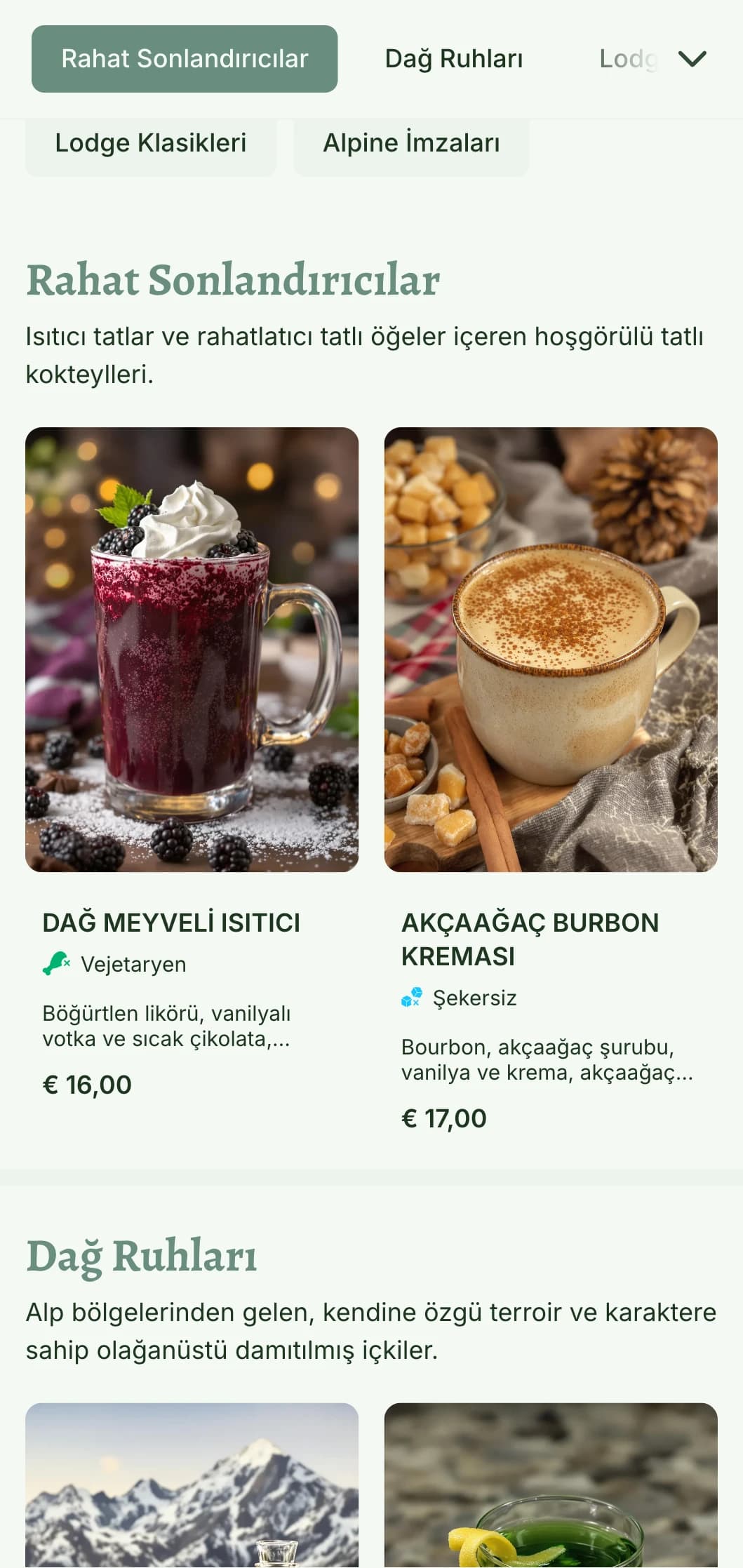 Kayak merkezi barları ve dağ evleri için sıcak, doğal unsurlar ve rustik tipografi içeren rahat, dağlardan ilham alan bir tasarım.