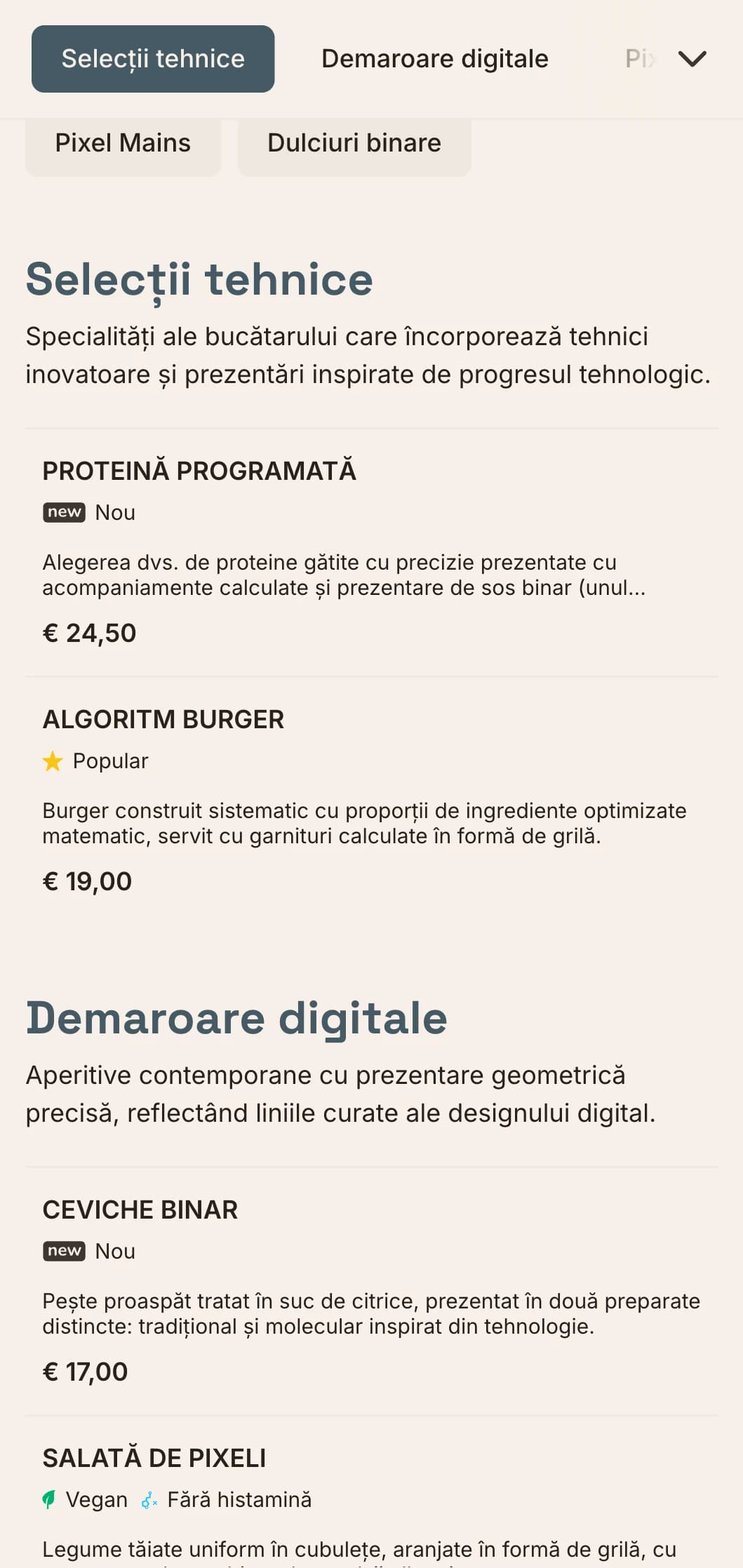 Design de meniu de prânz de inspirație digitală, cu estetică tehnologică și aspect de grilă precis, perfect pentru restaurantele din districtele de inovare și din apropierea companiilor de tehnologie.