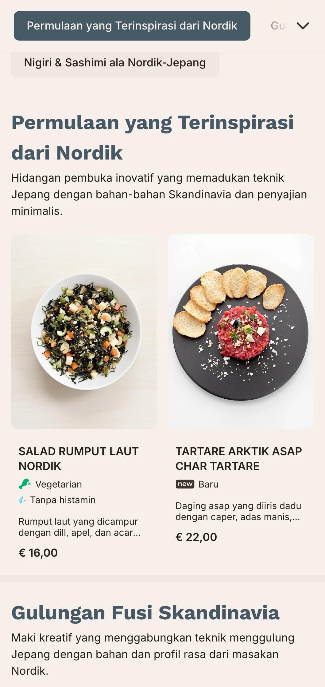 Menu sushi fusion kontemporer yang memadukan tradisi Jepang dengan minimalis Skandinavia, dengan garis-garis yang bersih dan warna biru yang lembut.