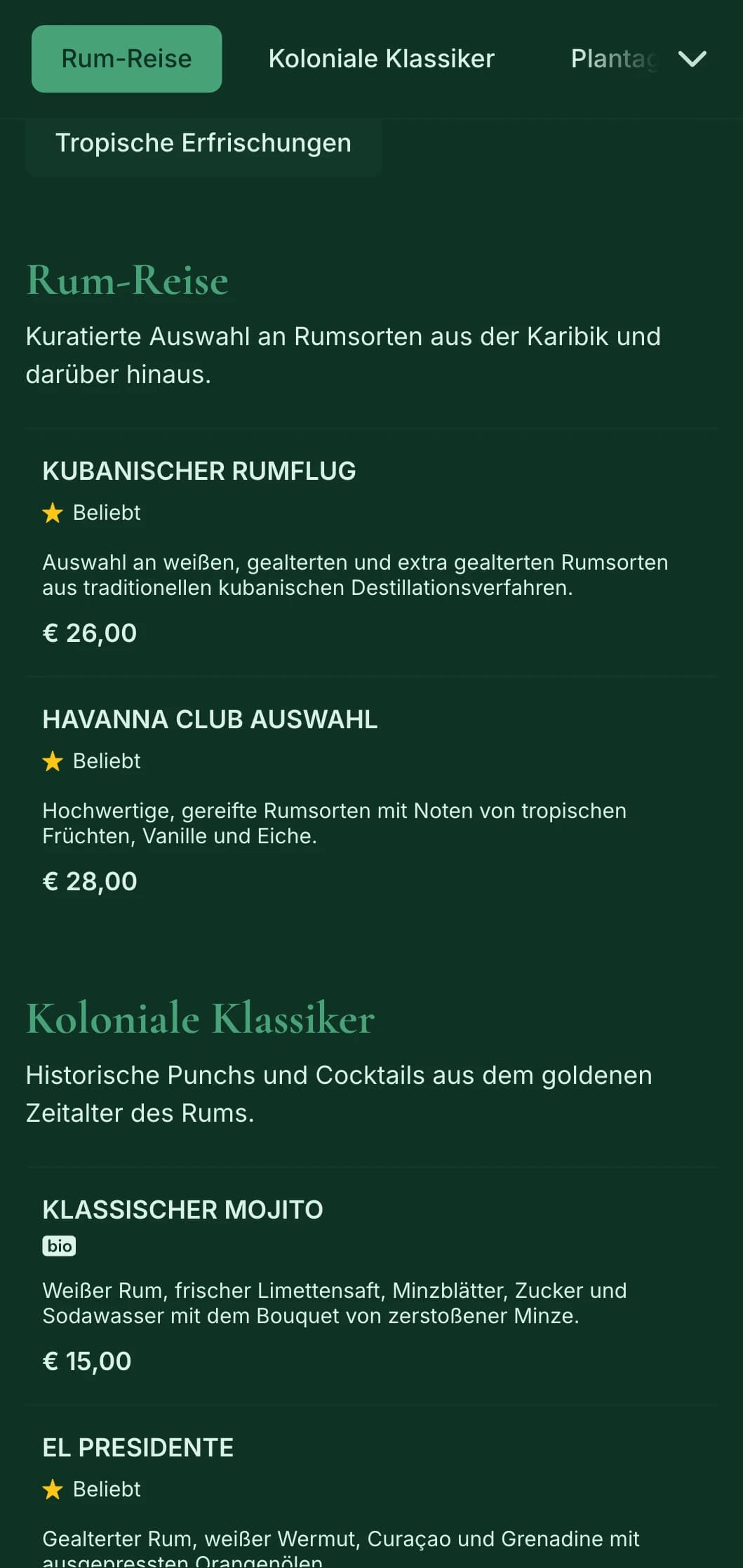 Sattes grünes Design mit historischen karibischen Elementen für Bars, die sich auf Rum spezialisiert haben.