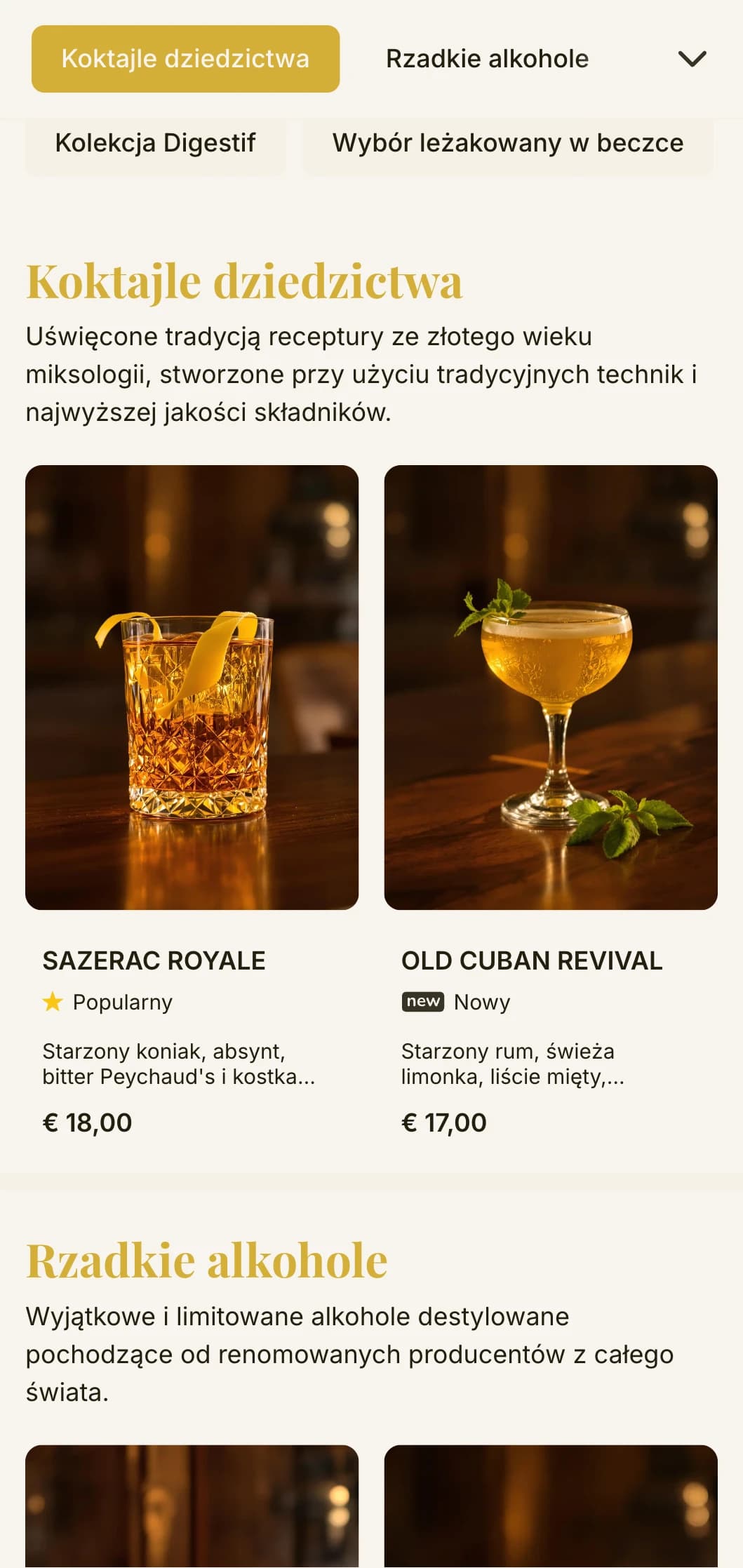 Klasyczny projekt menu barowego przywołujący złoty wiek koktajli z typografią w stylu vintage i eleganckimi złotymi akcentami na kremowym tle.