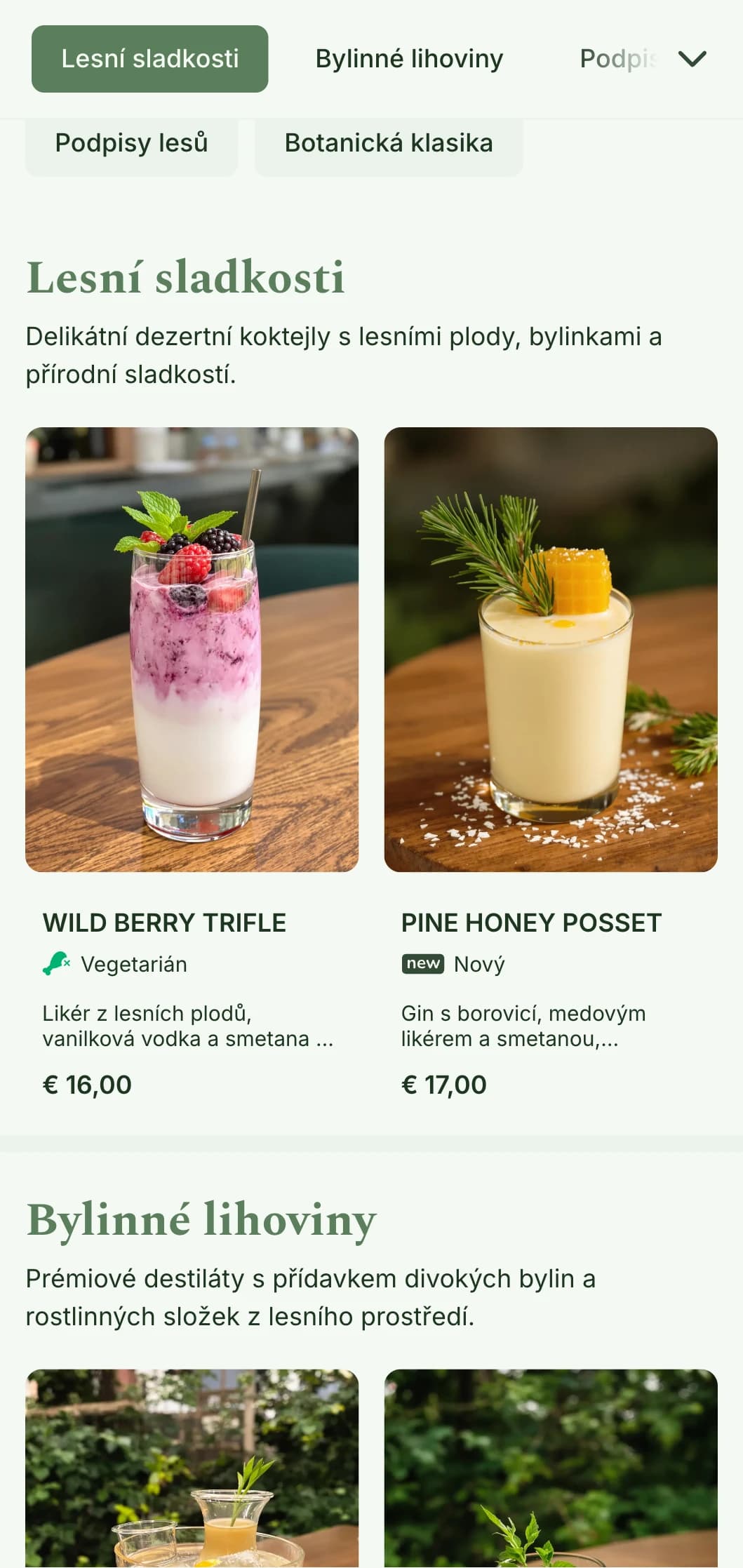 Design inspirovaný lesem pro bary specializující se na suroviny z lesních keřů a koktejly s bylinami.