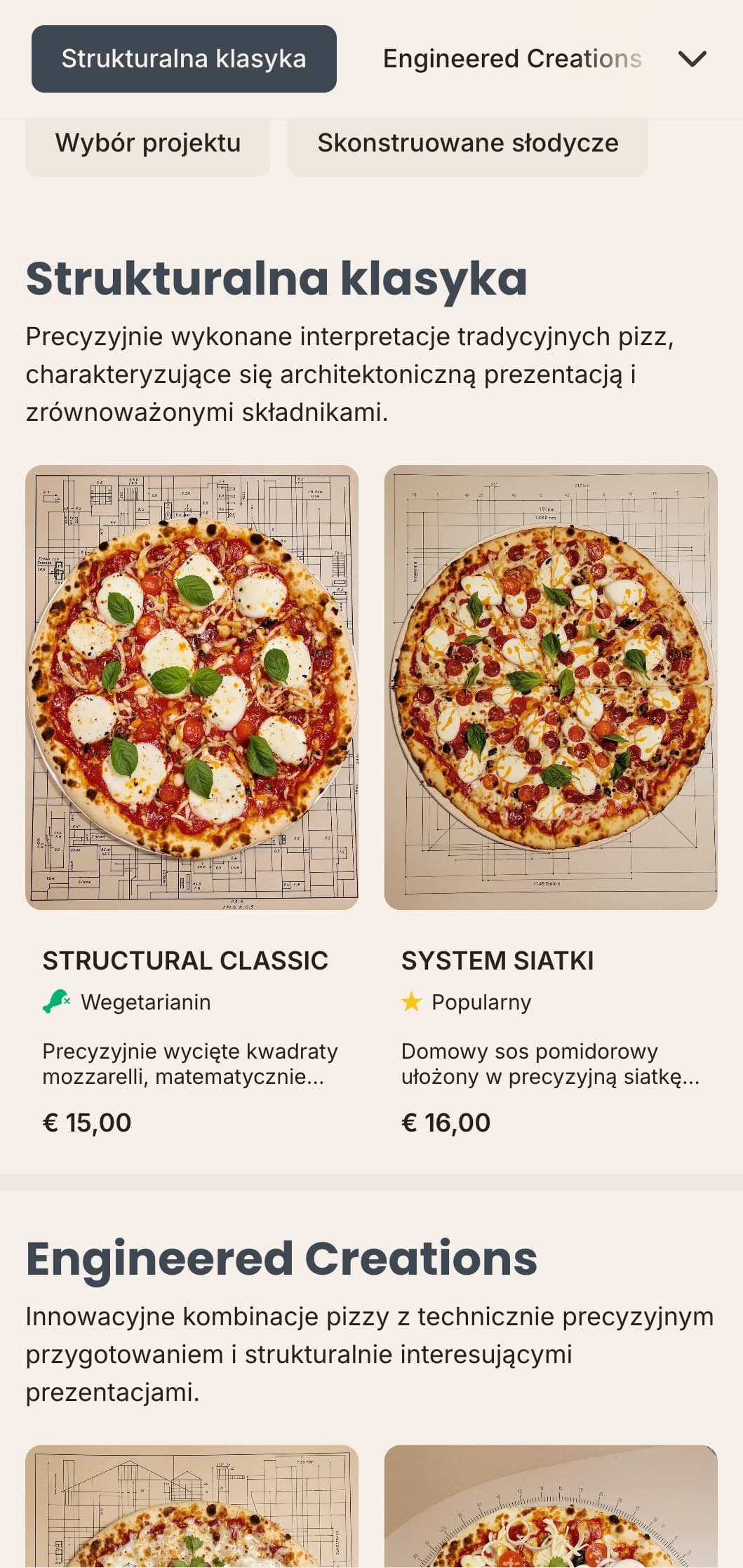 Inspirowane architekturą menu pizzy z precyzyjnym układem i estetyką techniczną.