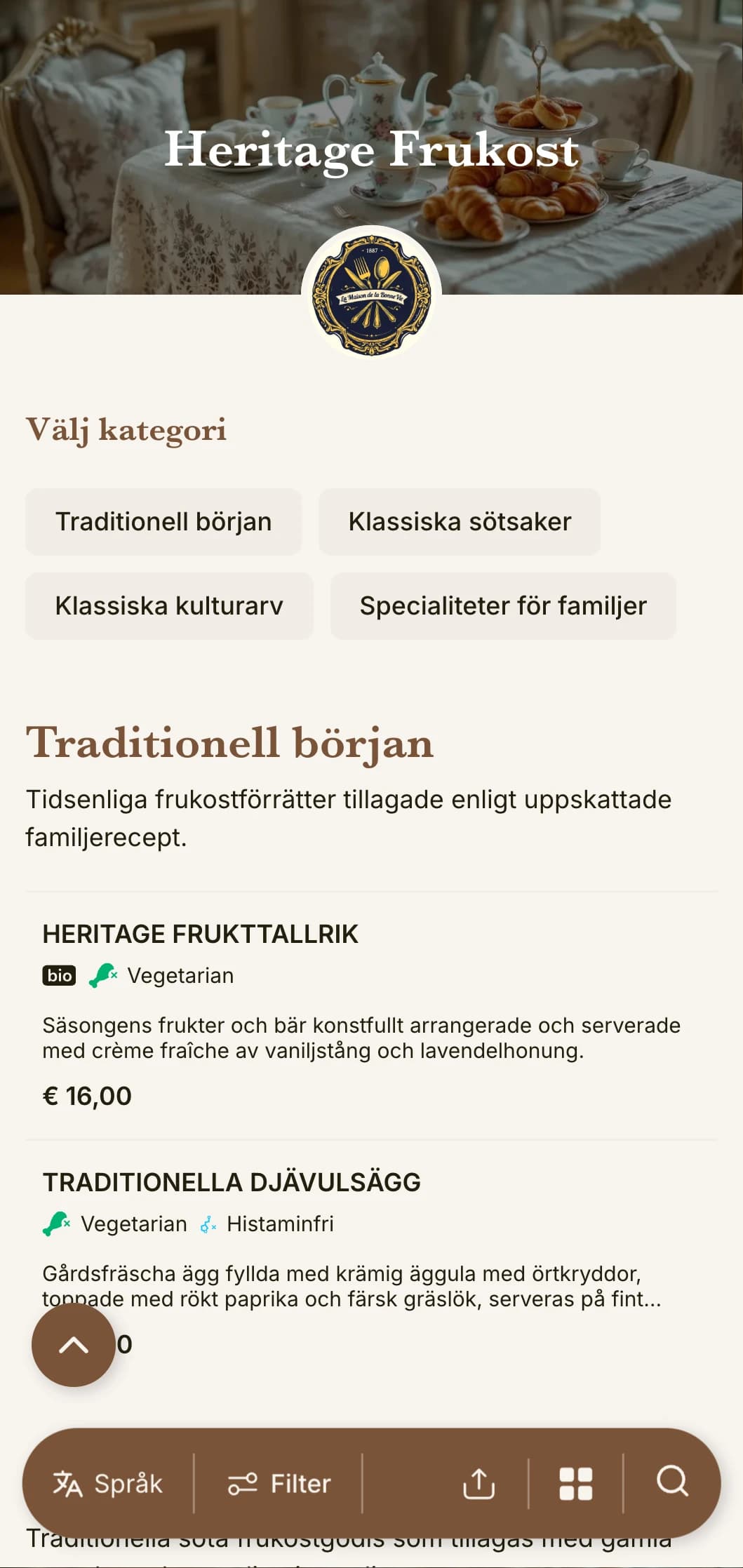 Traditionella frukosträtter inspirerade av tidlösa familjerecept och klassiska kulinariska tekniker.