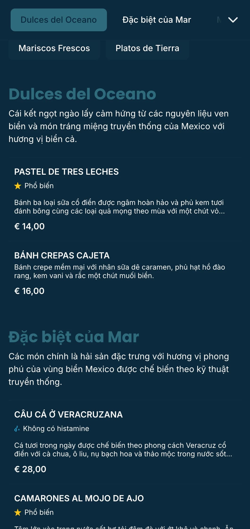 Thiết kế thực đơn Mexico ven biển tươi mát với các món đặc sản hải sản có điểm nhấn màu xanh lam, họa tiết sóng nhẹ nhàng và không gian bên bờ biển.