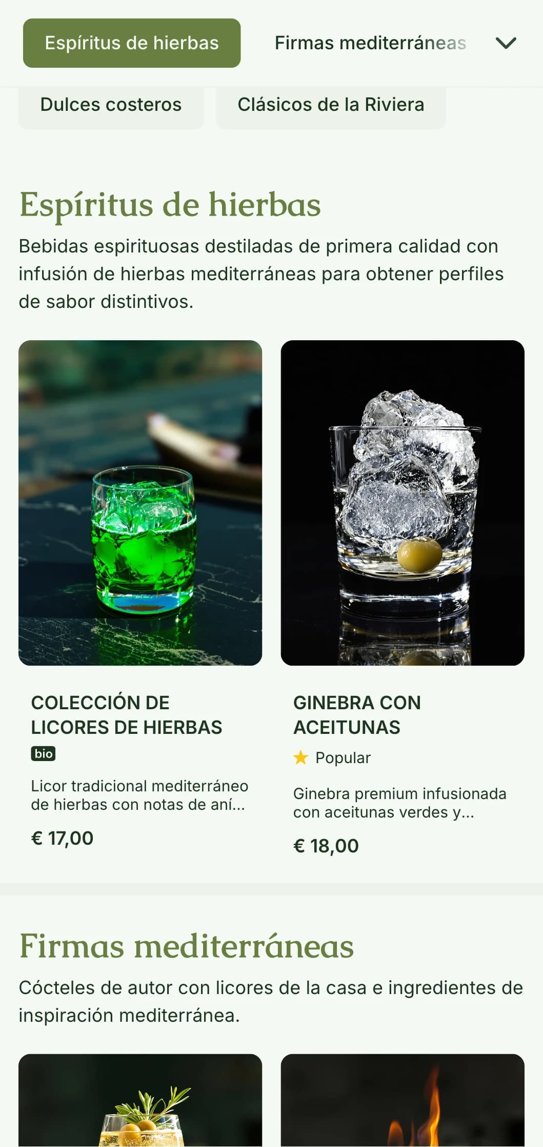 Un diseño de inspiración mediterránea para bares especializados en licores de hierbas y cócteles botánicos con tonos verde oliva.