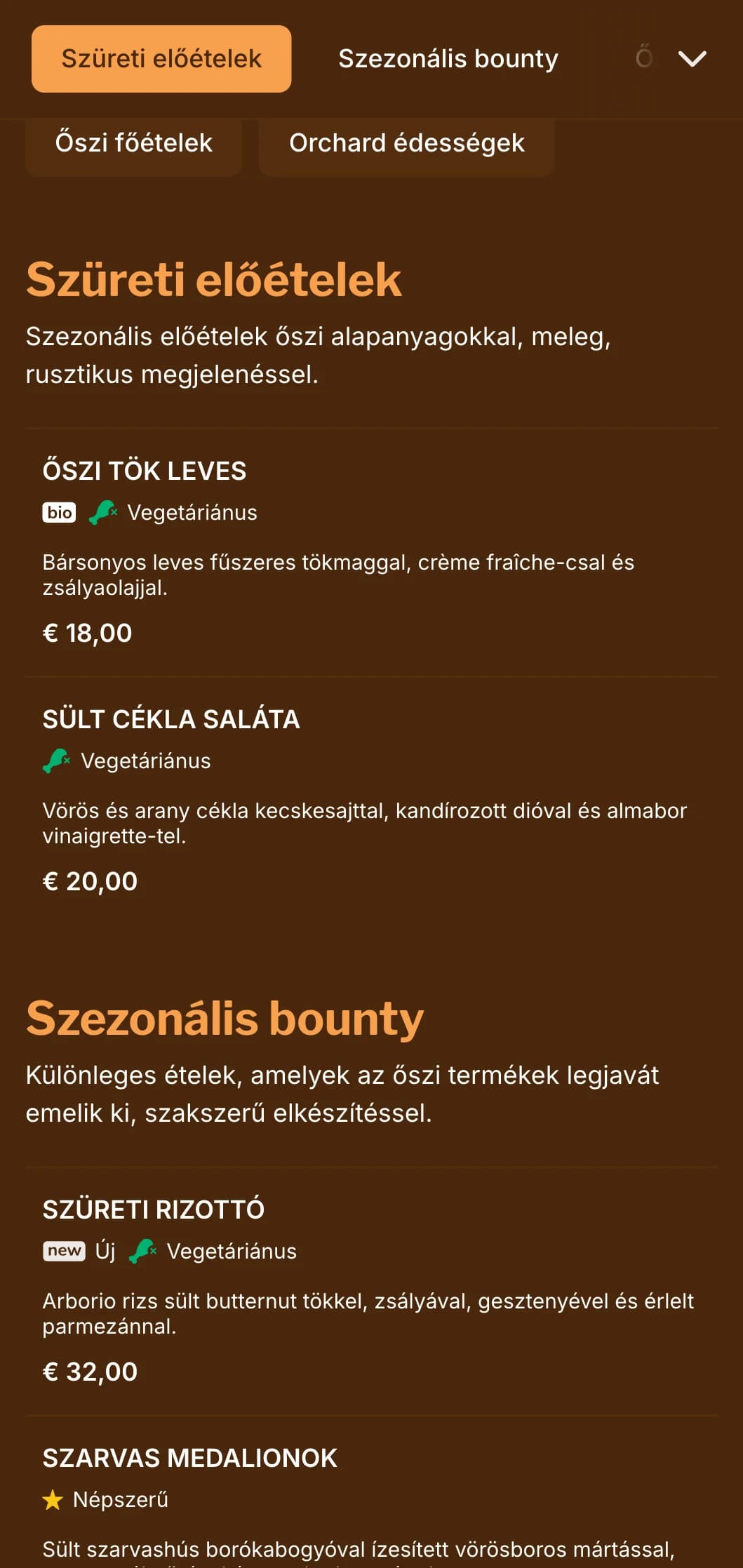 Meleg, őszi ihletésű, gazdag borostyánszínű tónusokat tartalmazó vacsora menü, amely ideális a szezonális konyha és a szüretre összpontosító éttermek számára.
