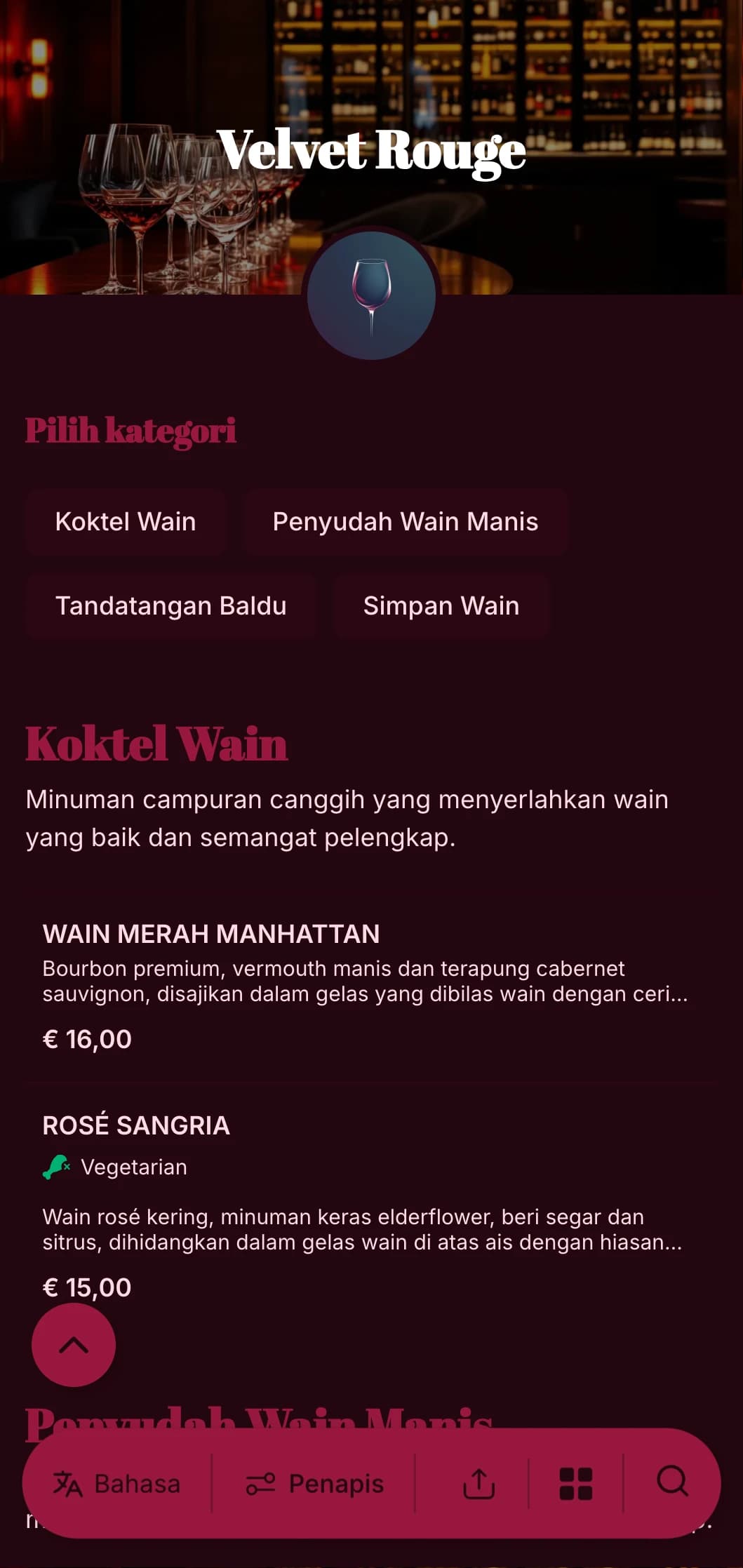 Reka bentuk yang mewah dan dramatik untuk bar dan lounge wain kelas atas yang menampilkan rona merah yang kaya dan tipografi yang berani.