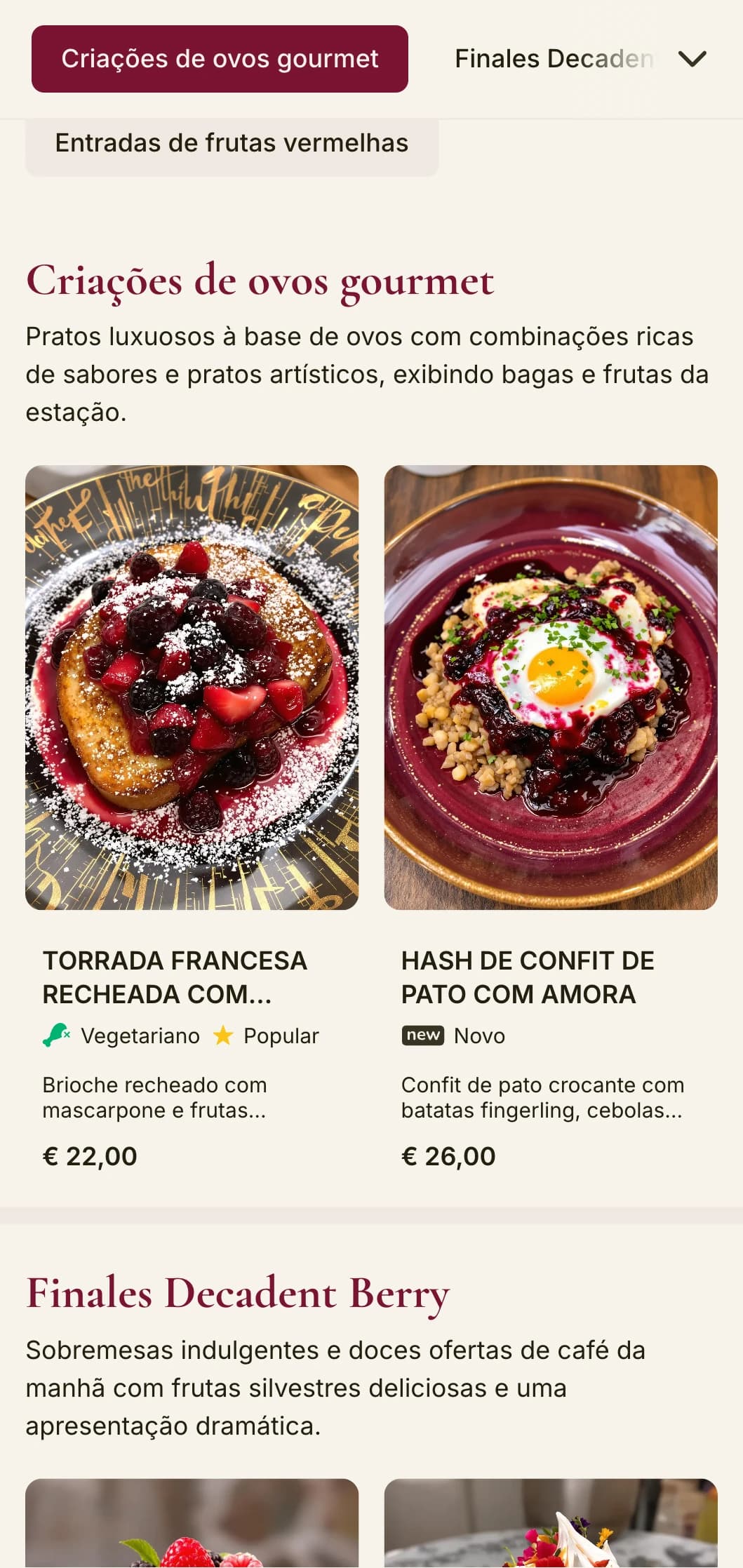Modelo vibrante para brunch com tons de frutas vermelhas e tipografia elegante, criado para cafeterias com pratos exclusivos à base de frutas.