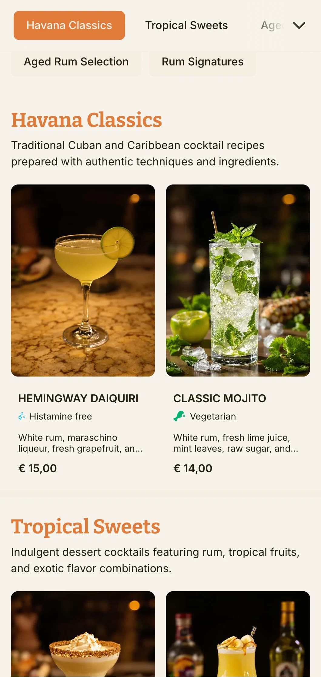A vibrant, tropical menu design inspired by Cuban cocktail culture, perfect for rum bars and Latin-themed establishments.
