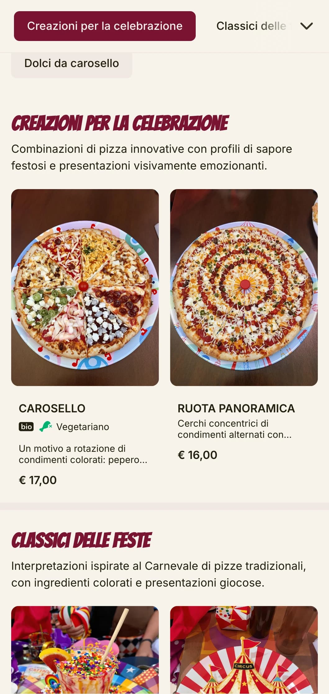 Menu pizza festoso ed energico con colori vivaci ed elementi giocosi.