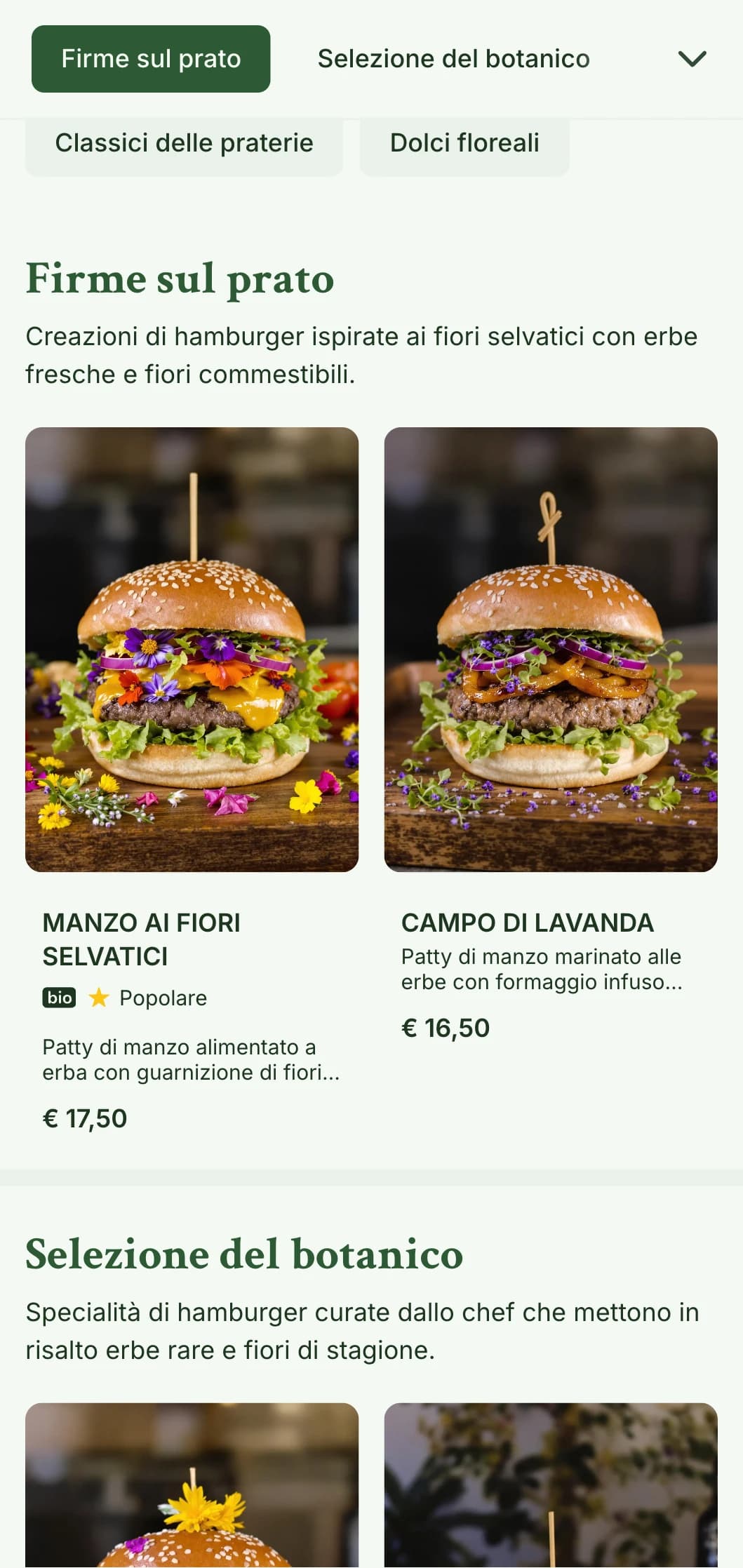 Concetto di hamburger ispirato ai fiori selvatici e ai prati con un'estetica naturale e ariosa.