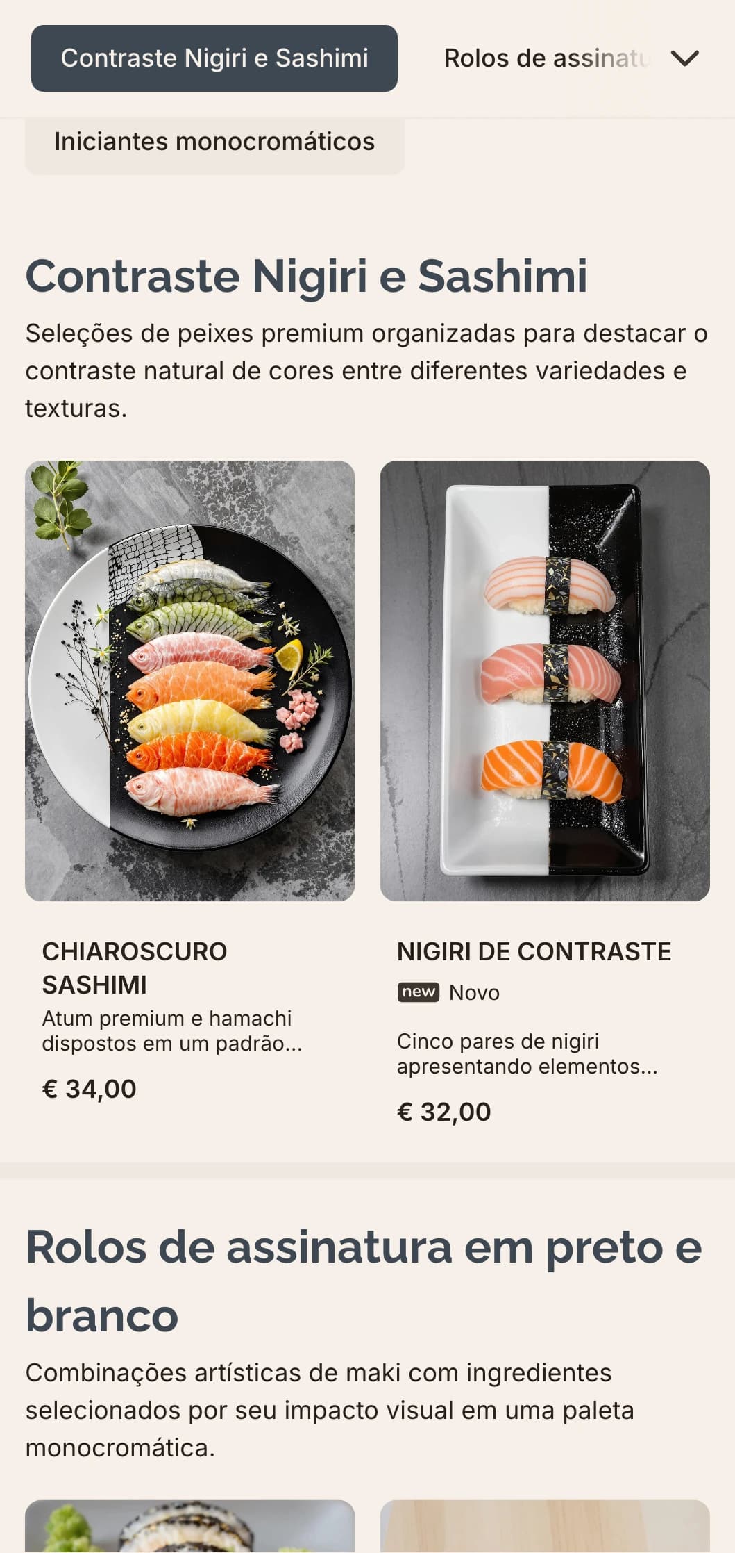Menu sofisticado de sushi em preto e branco com sutis detalhes em cinza, perfeito para restaurantes minimalistas contemporâneos.