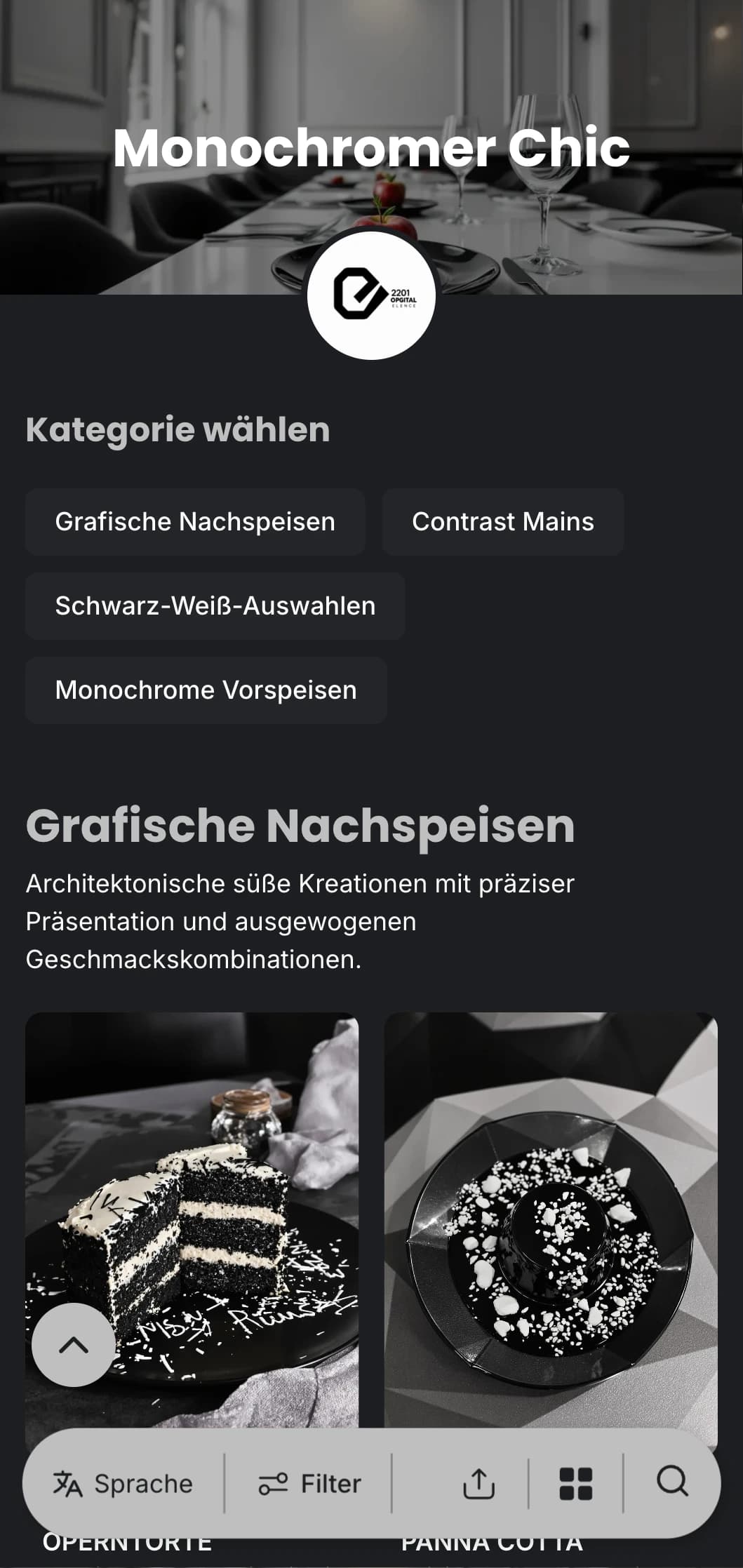 Eine raffinierte schwarz-weiße Speisekarte mit kühner Typografie und klaren Linien, die für die zeitgenössische gehobene Küche entworfen wurde.