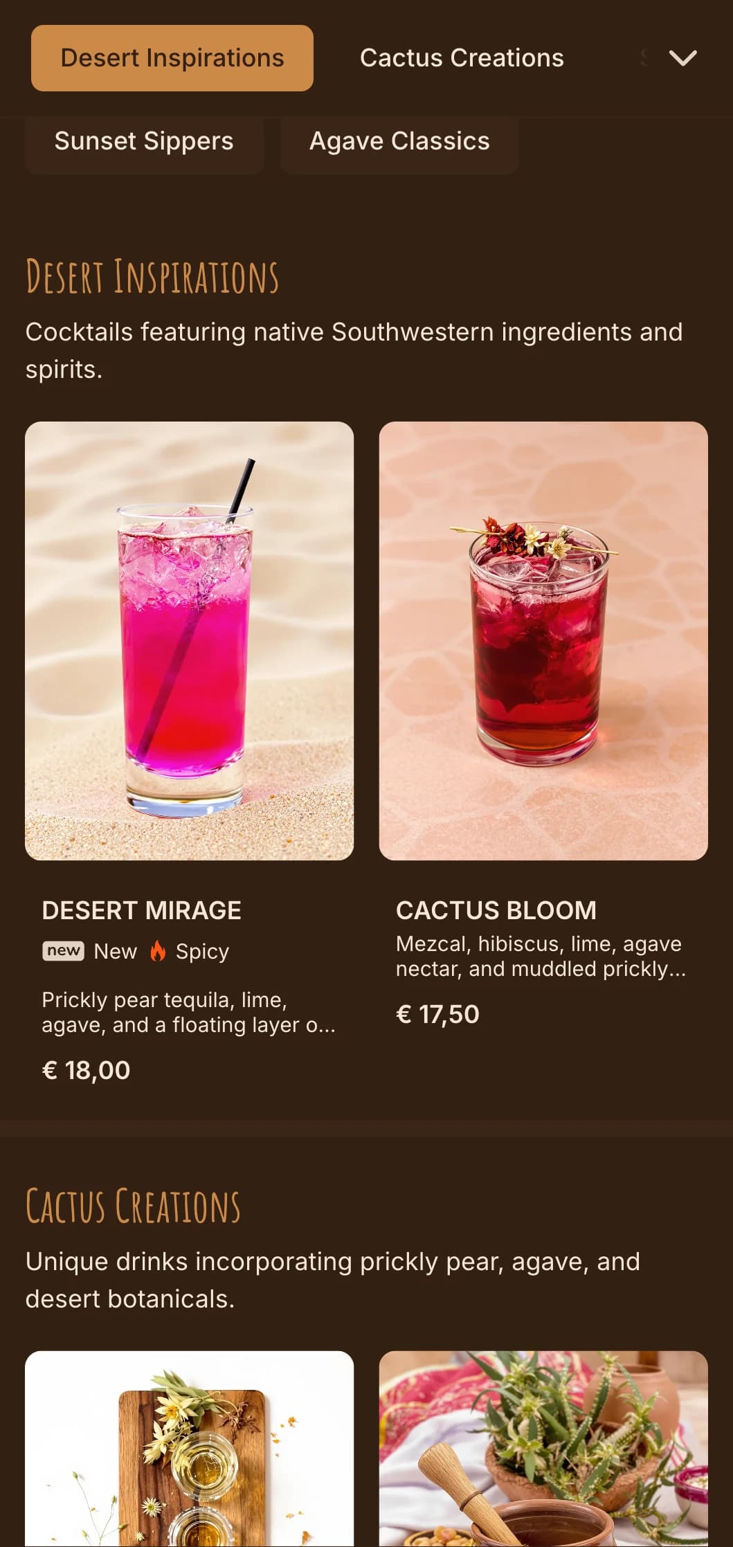 Warm desert-inspired palette with southwestern motifs for tequila and mezcal bars.
