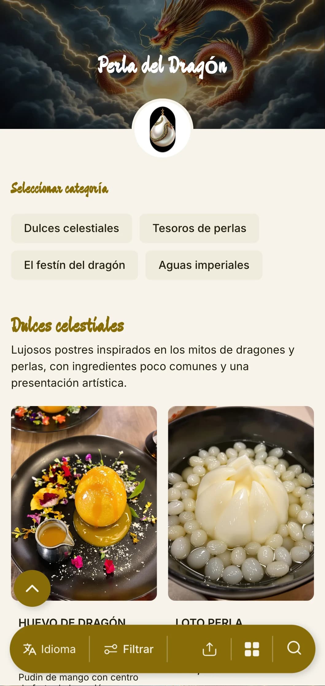 Lujoso diseño de menú chino con motivos de dragones y detalles de perlas, perfecto para marisquerías chinas de lujo y ocasiones especiales.