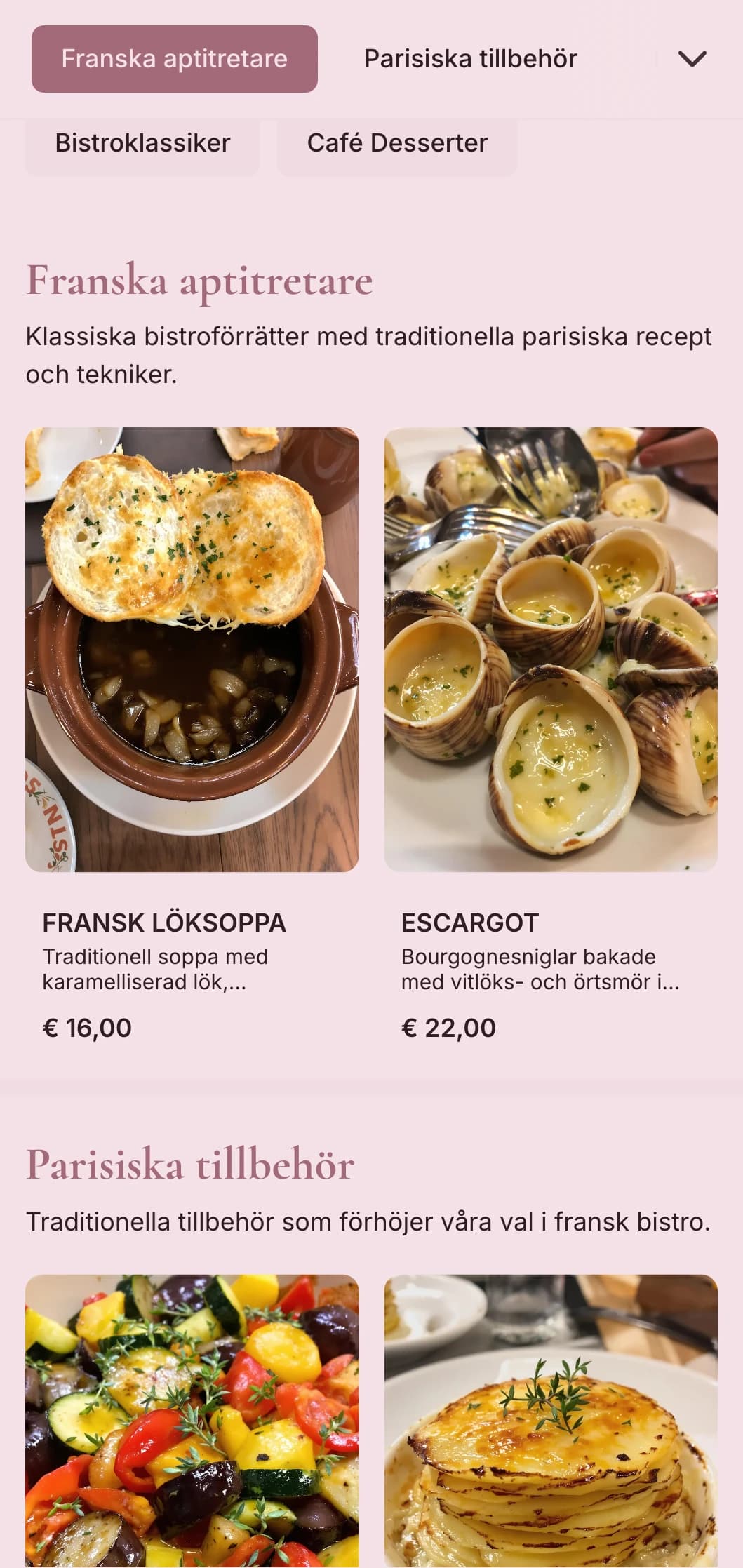 Klassisk franskinspirerad catering med bistrofavoriter, raffinerade tekniker och elegant men lättillgänglig presentation för sofistikerade evenemang.