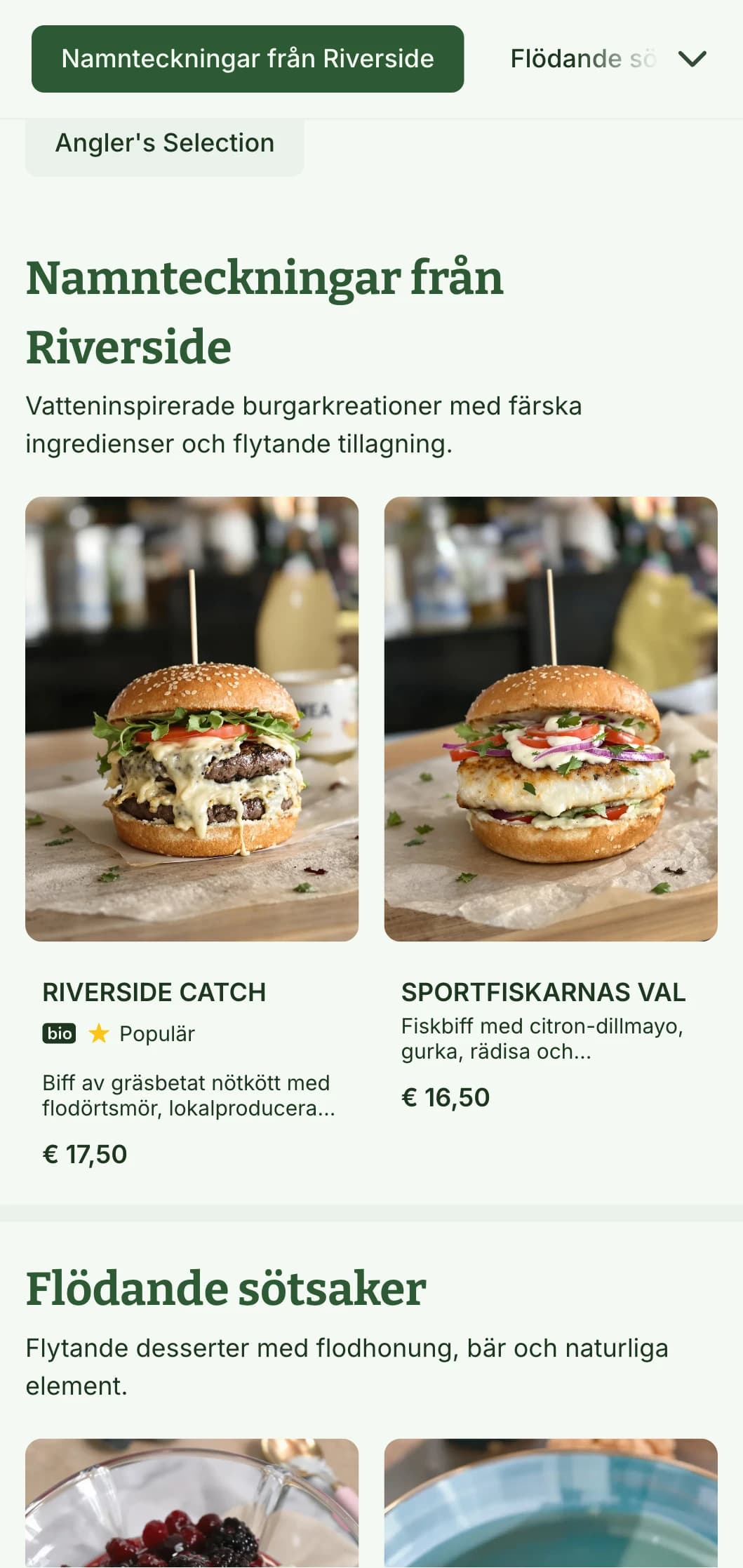 Riverside-burgarupplevelse med vattenelement och naturlig blågrön palett.