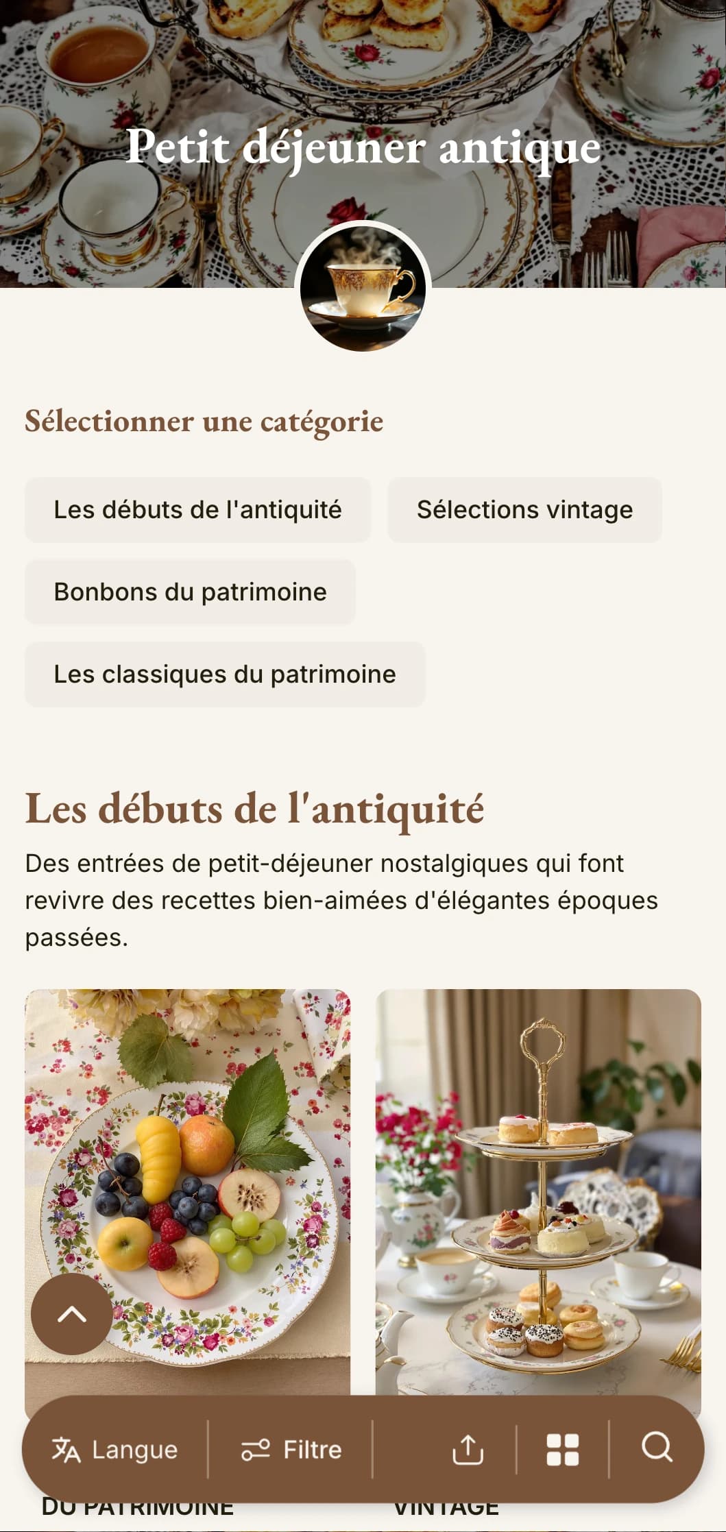Des sélections matinales nostalgiques inspirées de recettes ancestrales, présentées avec un charme vintage et une élégance classique.