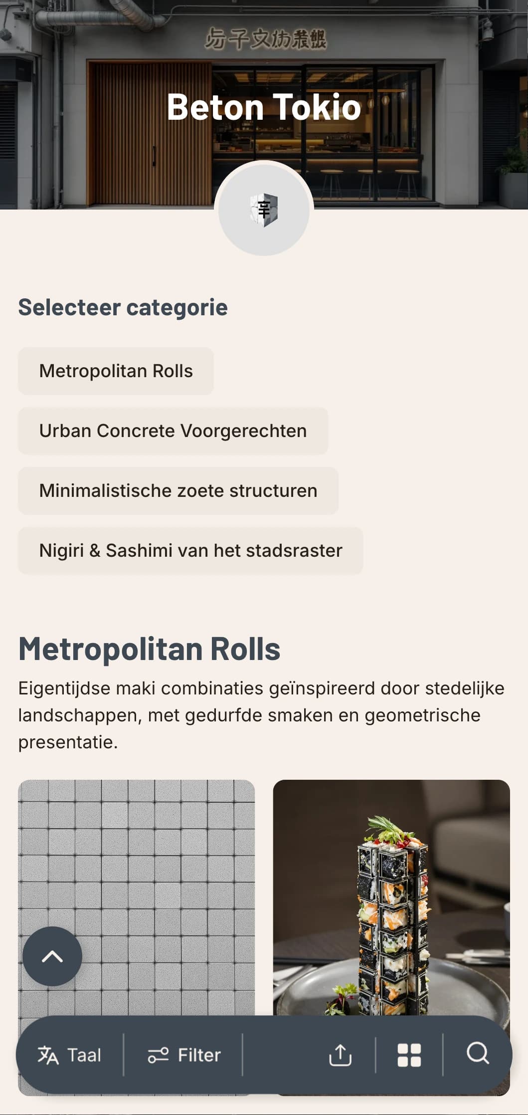 Industrieel, stedelijk sushi-menu met betongrijze tinten en minimalistisch ontwerp voor eigentijdse stadslocaties.