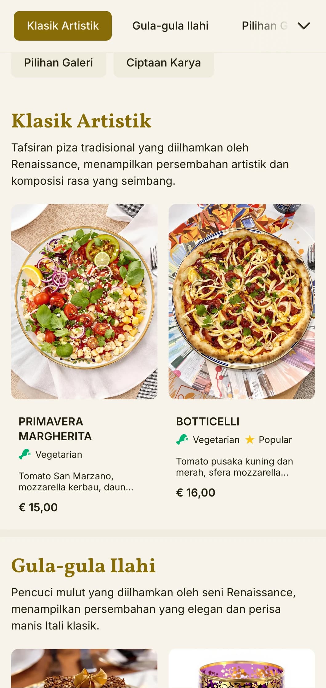 Menu piza artistik yang diilhamkan oleh Renaissance Itali dengan unsur visual yang kaya.