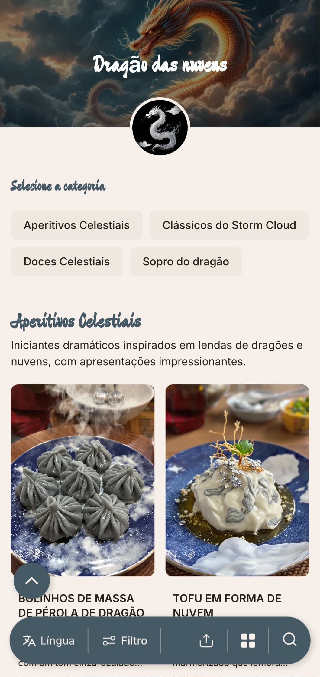 Design dramático de cardápio chinês com motivos de nuvens e dragões, com elementos poderosos para a autêntica culinária imperial.
