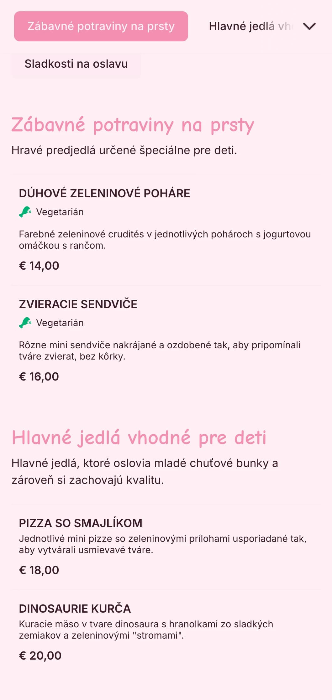 Zábavný, farebný catering navrhnutý špeciálne pre detské podujatia s hravou prezentáciou, možnosťami pre deti a interaktívnymi stravovacími stanicami.