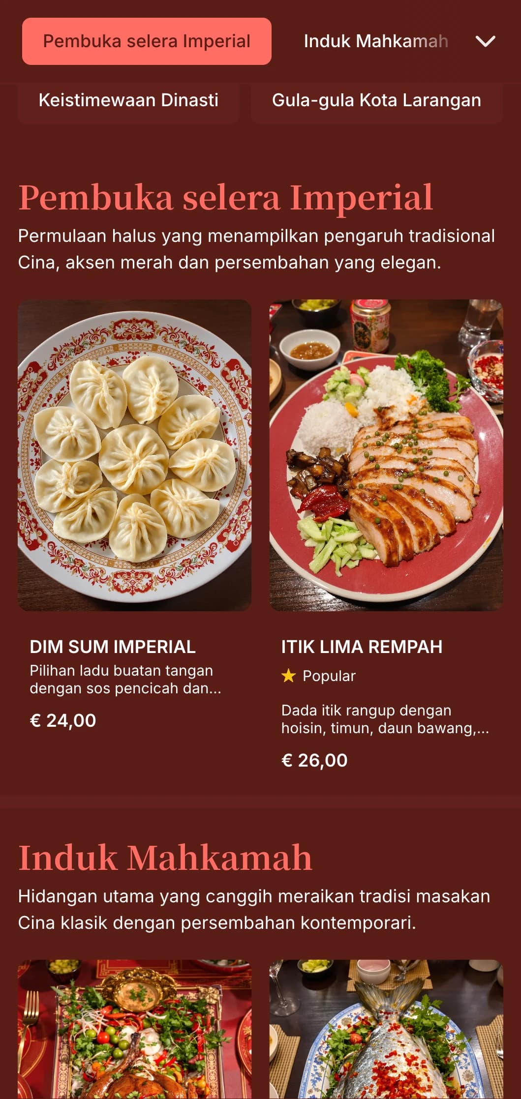 Menu makan malam berinspirasikan Cina yang elegan menampilkan rona merah yang kaya dan unsur timur tradisional, sesuai untuk restoran Cina kelas atas.