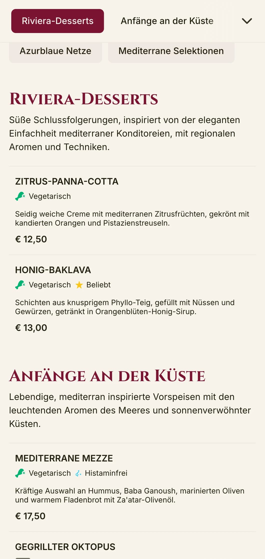 Auffälliges, mediterran inspiriertes Design für Mittagsmenüs mit lebhaften Akzenten und elegantem Layout, perfekt für gehobene Restaurants am Meer und an Urlaubsorten.