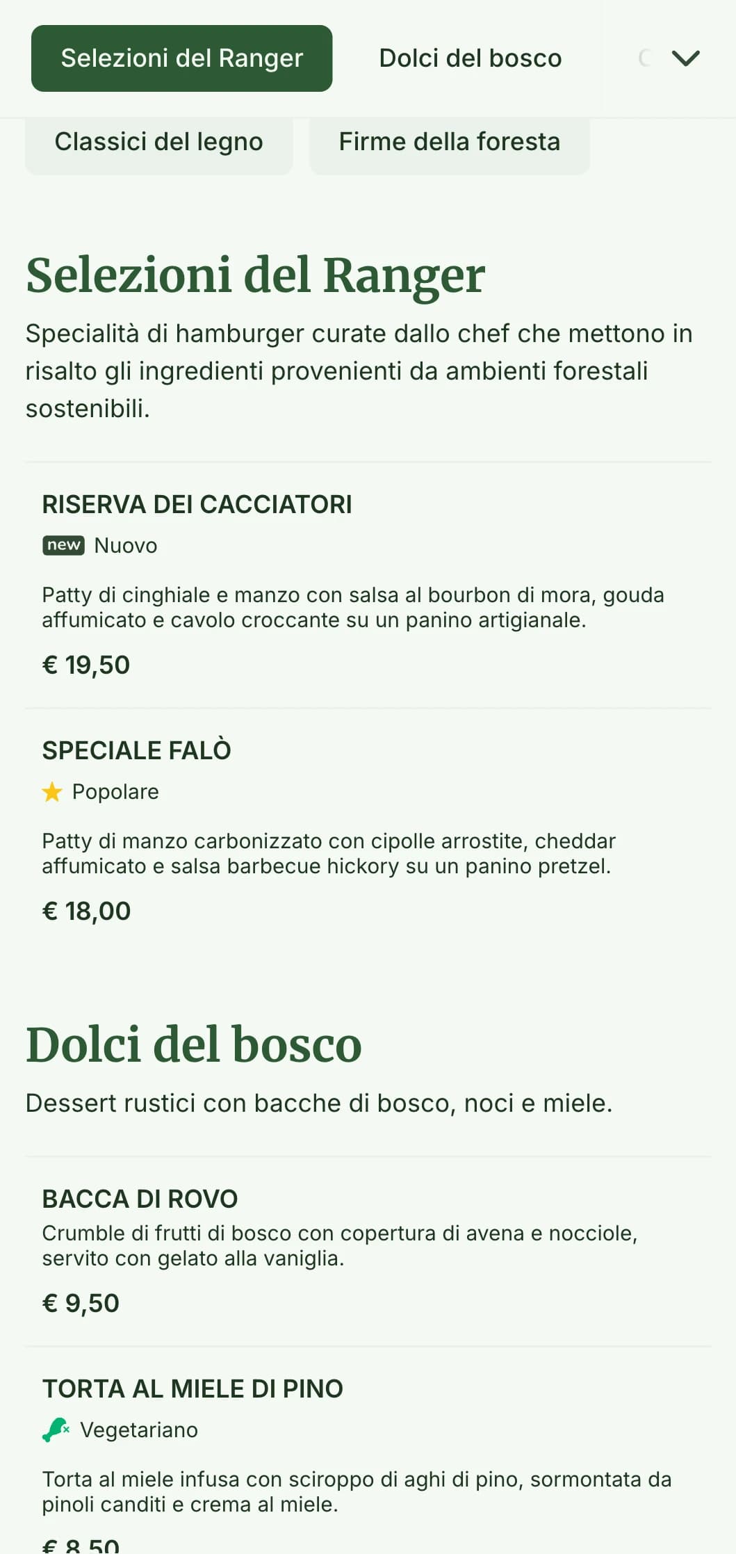 Esperienza di hamburger ispirata alla foresta con texture di legno e tavolozza di colori della terra.
