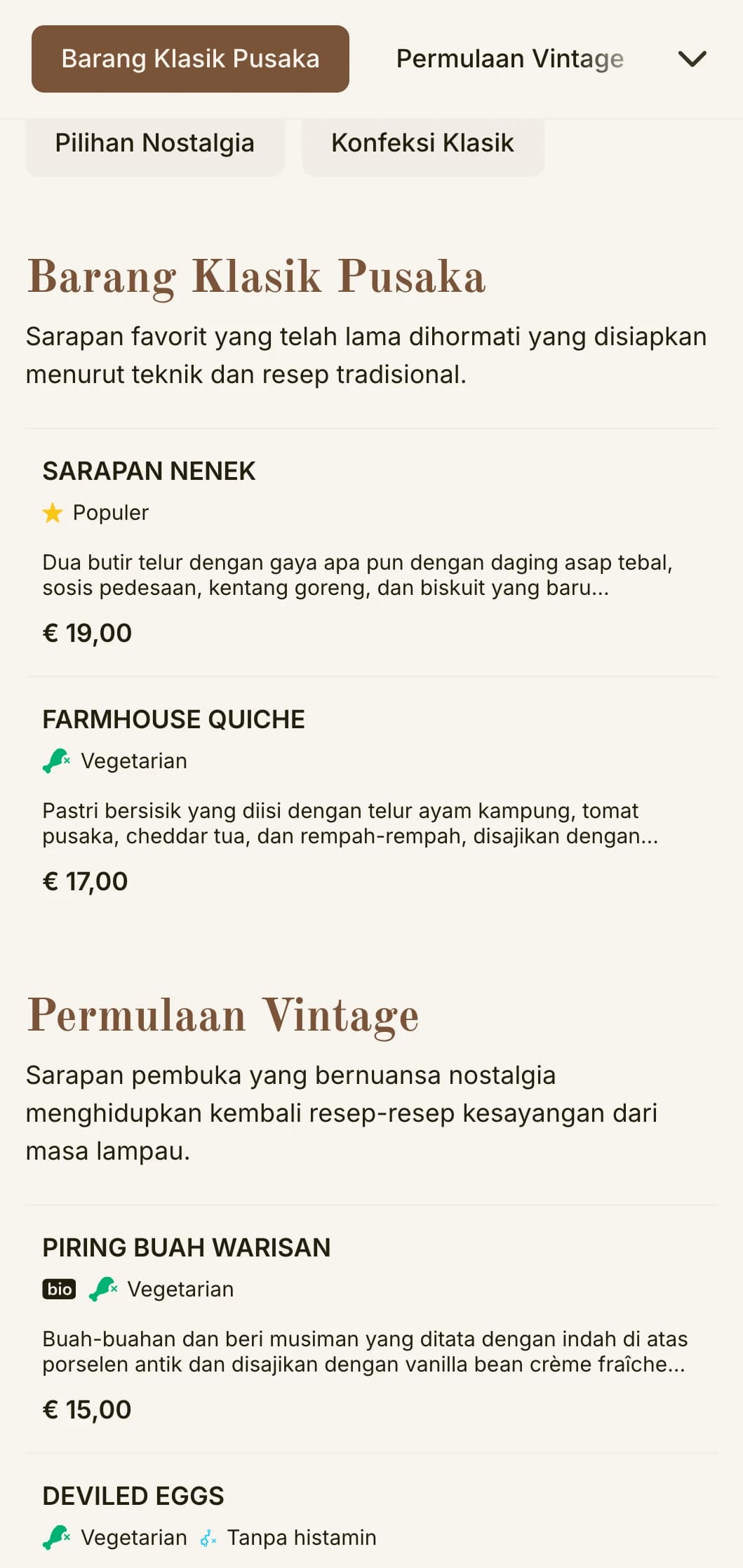 Persembahan pagi nostalgia yang terinspirasi oleh resep-resep favorit dari masa lalu, disajikan dengan keanggunan yang tak lekang oleh waktu.