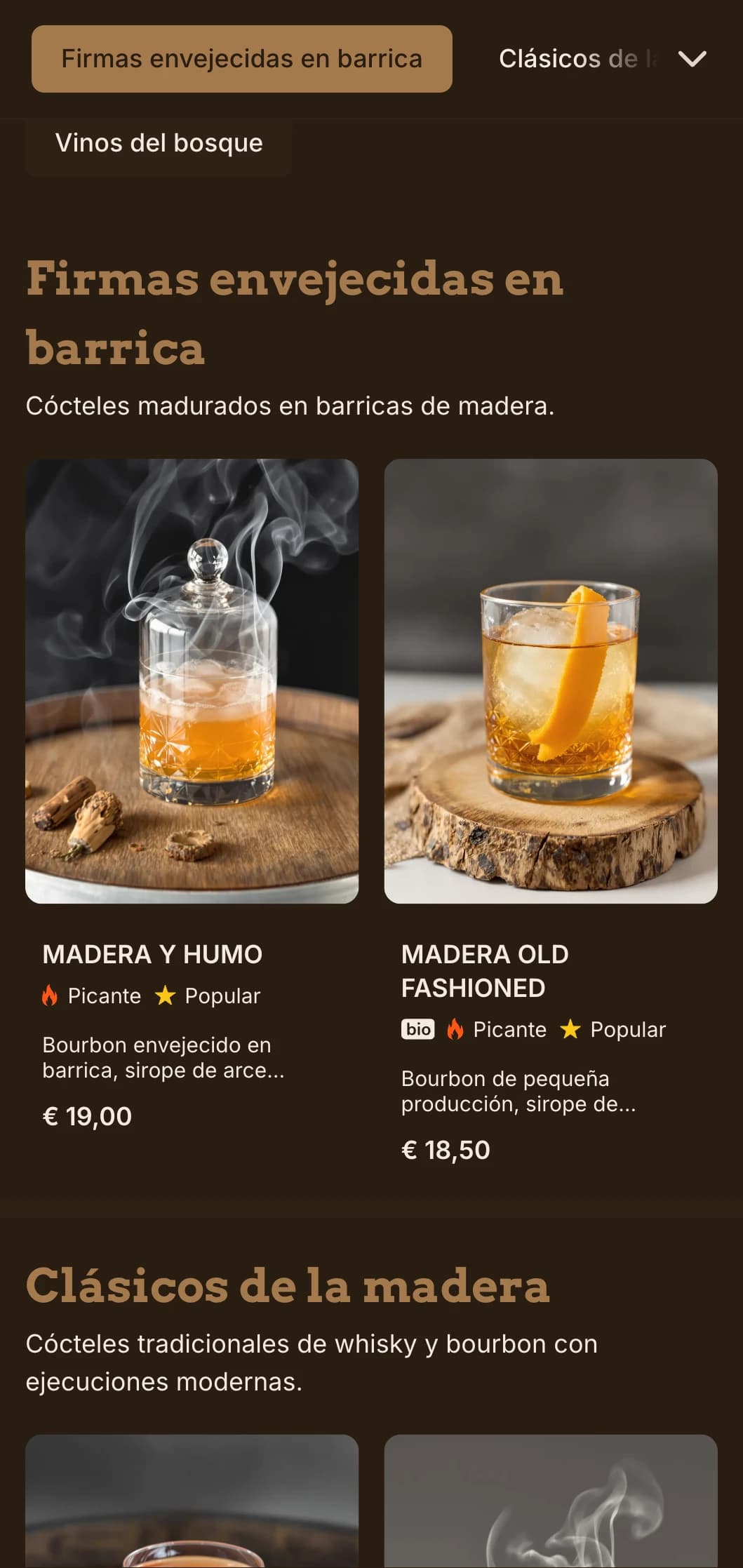 Diseño inspirado en la madera que realza los cócteles y el whisky añejados en barrica.