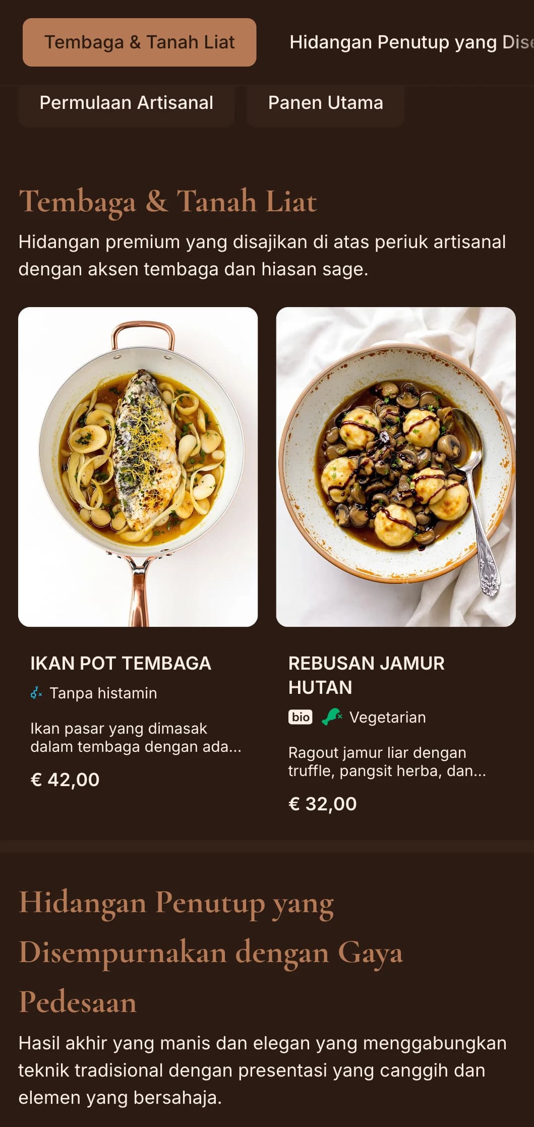 Keanggunan pedesaan yang halus dengan warna tembaga yang hangat dan aksen bijak, sempurna untuk hidangan mewah dari kebun dan santapan musiman.