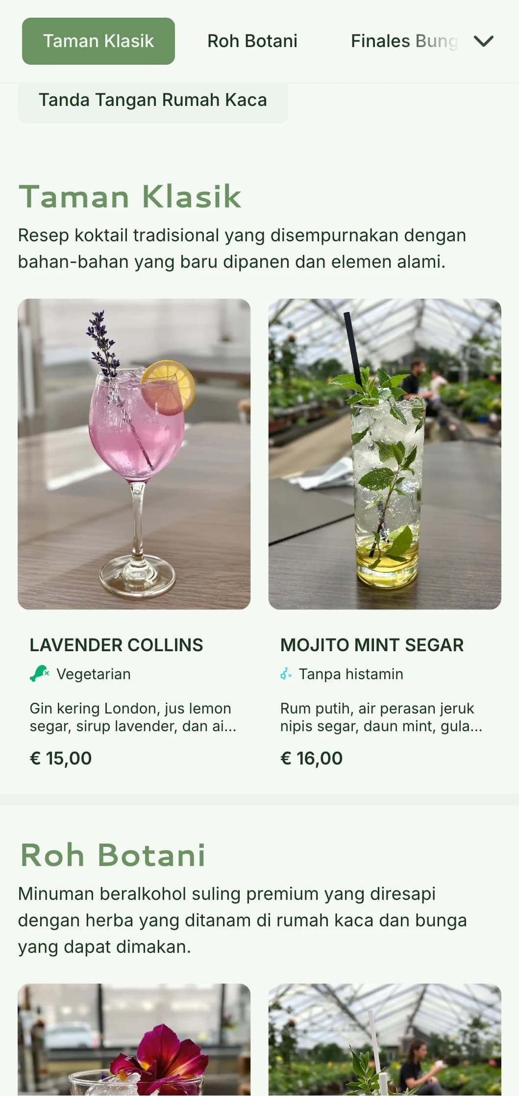 Desain segar yang terinspirasi dari konservatori untuk bar taman dan lounge botani yang menampilkan warna hijau dan tipografi yang lapang.