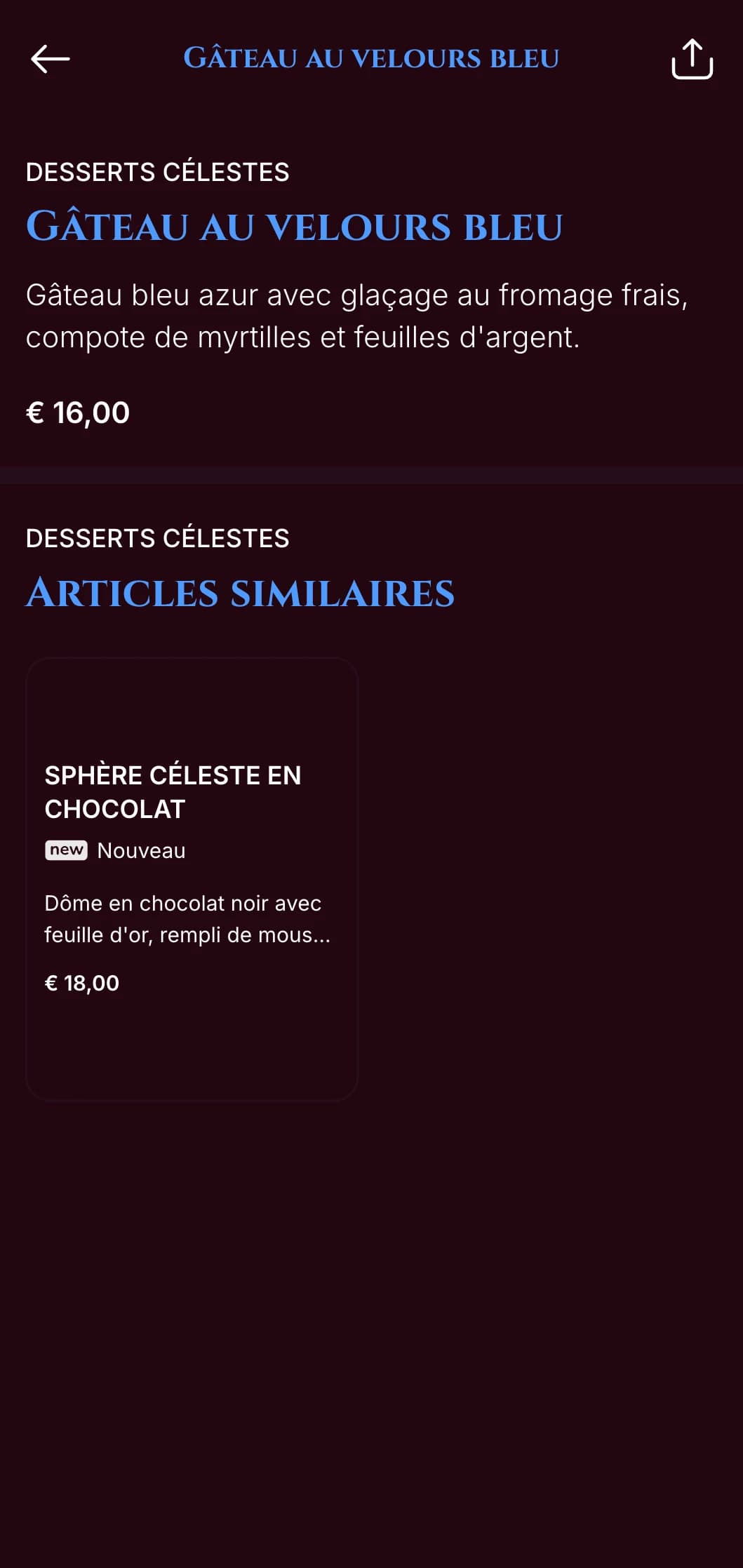 Un menu bleu nuit spectaculaire avec des accents dorés, conçu pour les lieux de restauration du soir à l'atmosphère luxueuse.