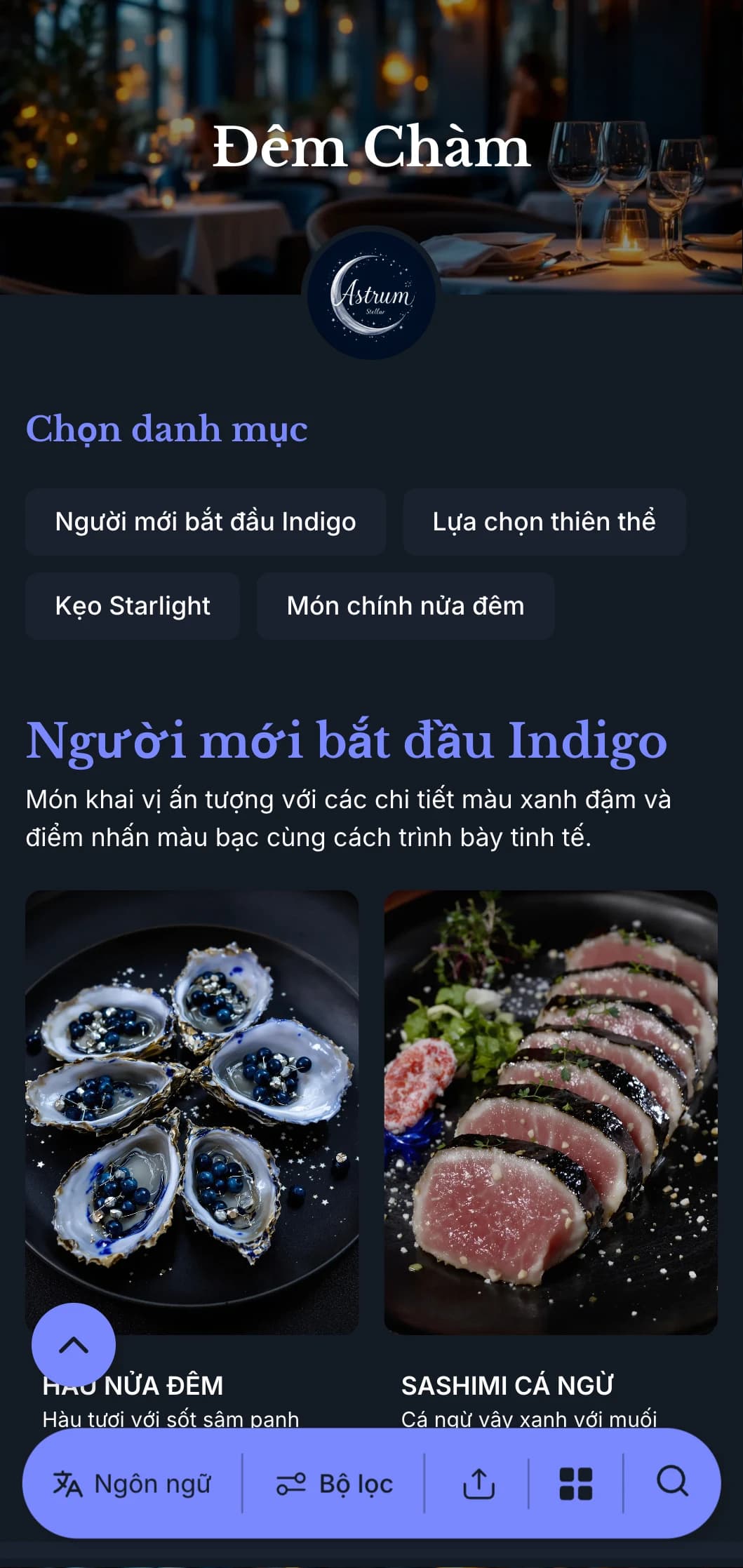 Thực đơn tối màu chàm đậm với tông màu xanh nửa đêm và điểm nhấn màu bạc, được thiết kế cho bữa tối sang trọng.