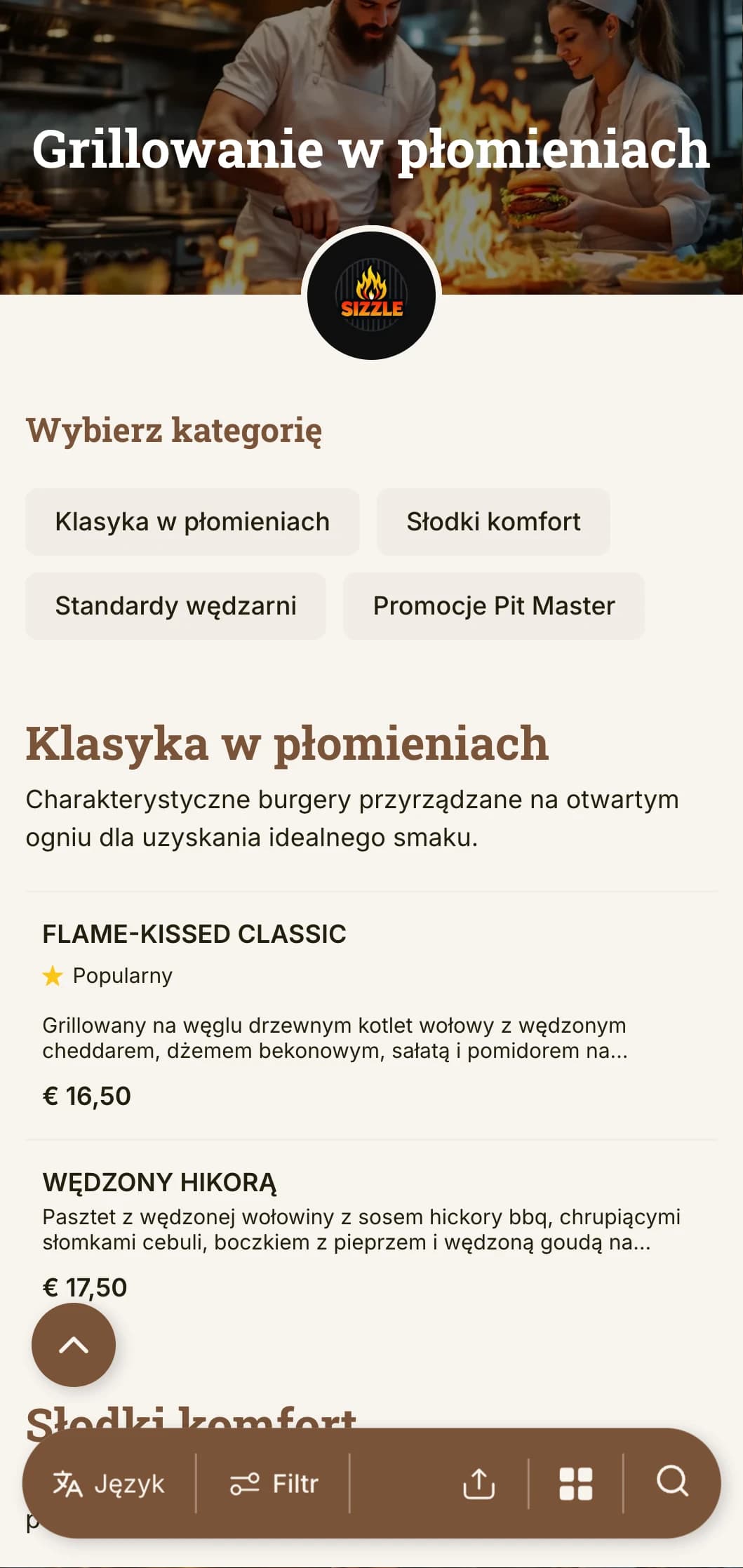 Odważne wzornictwo skoncentrowane na grillu z ciepłymi odcieniami drewna i akcentami płomieni zapewnia autentyczne doznania z grillowanego burgera.