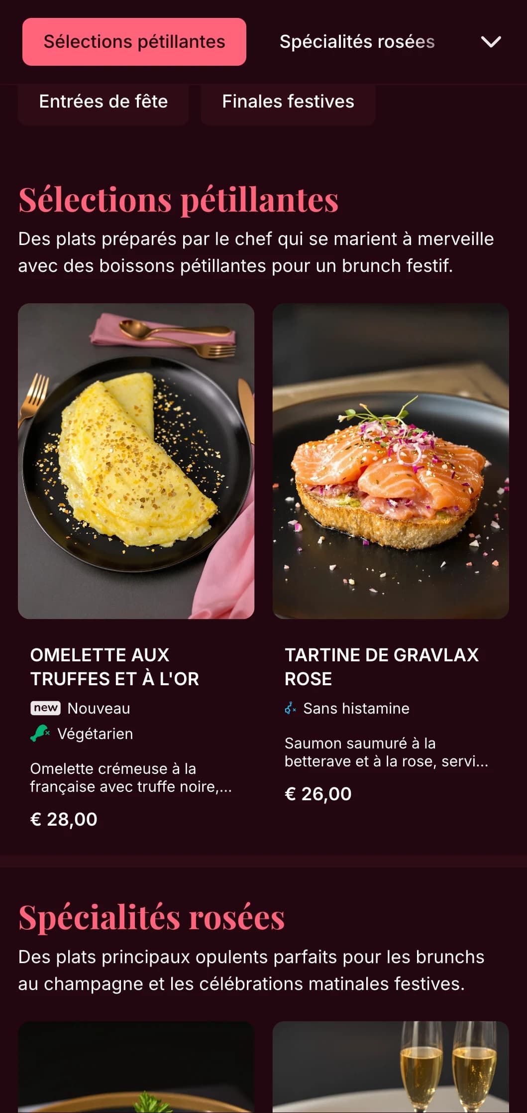 Modèle de brunch luxueux sur le thème du rose avec des accents dorés, parfait pour les brunchs au champagne et les repas de fête.